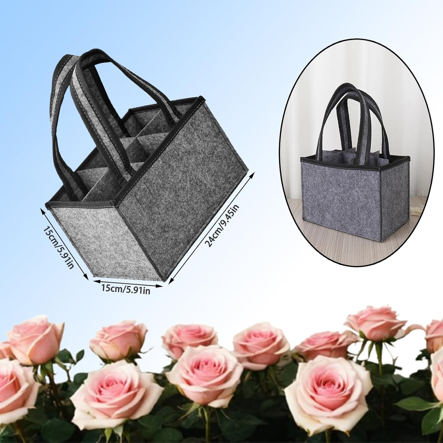 Portable Felt Wine Tote Bag for 6 Bottles - Durable Divider Design - Reusable Wine Storage Carrier for Picnics, Camping, Travel & Parties - 24X15X15Cm image number 5