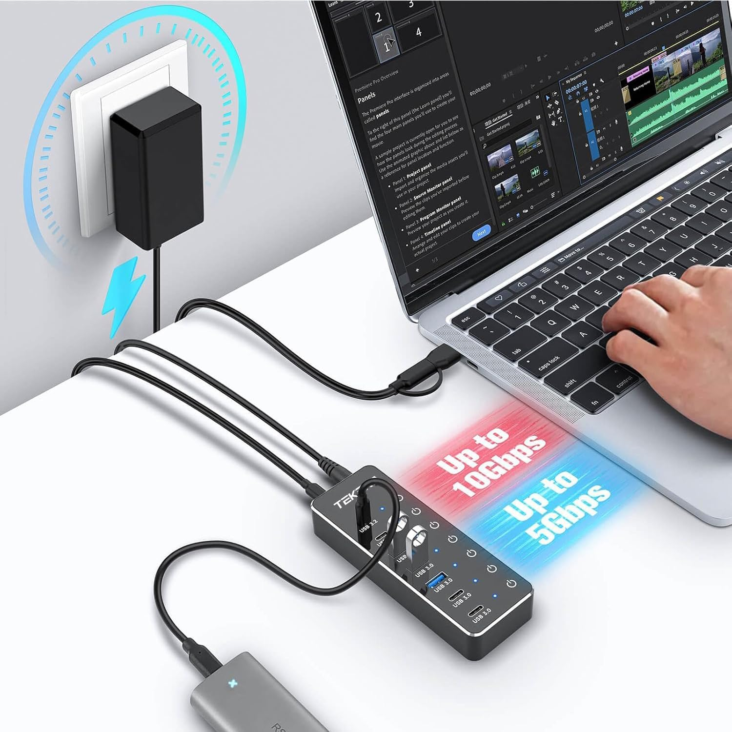 7-Port Powered USB 3.2/USB-C Hub Splitter with 3 X 10Gbps USB-3.2 Ports (2C + 1A),4 USB-3.0 Ports (2C + 2A), 3.3Ft Cable, Touch Switches, and 5V Power Adapter for Laptop PC image number 3
