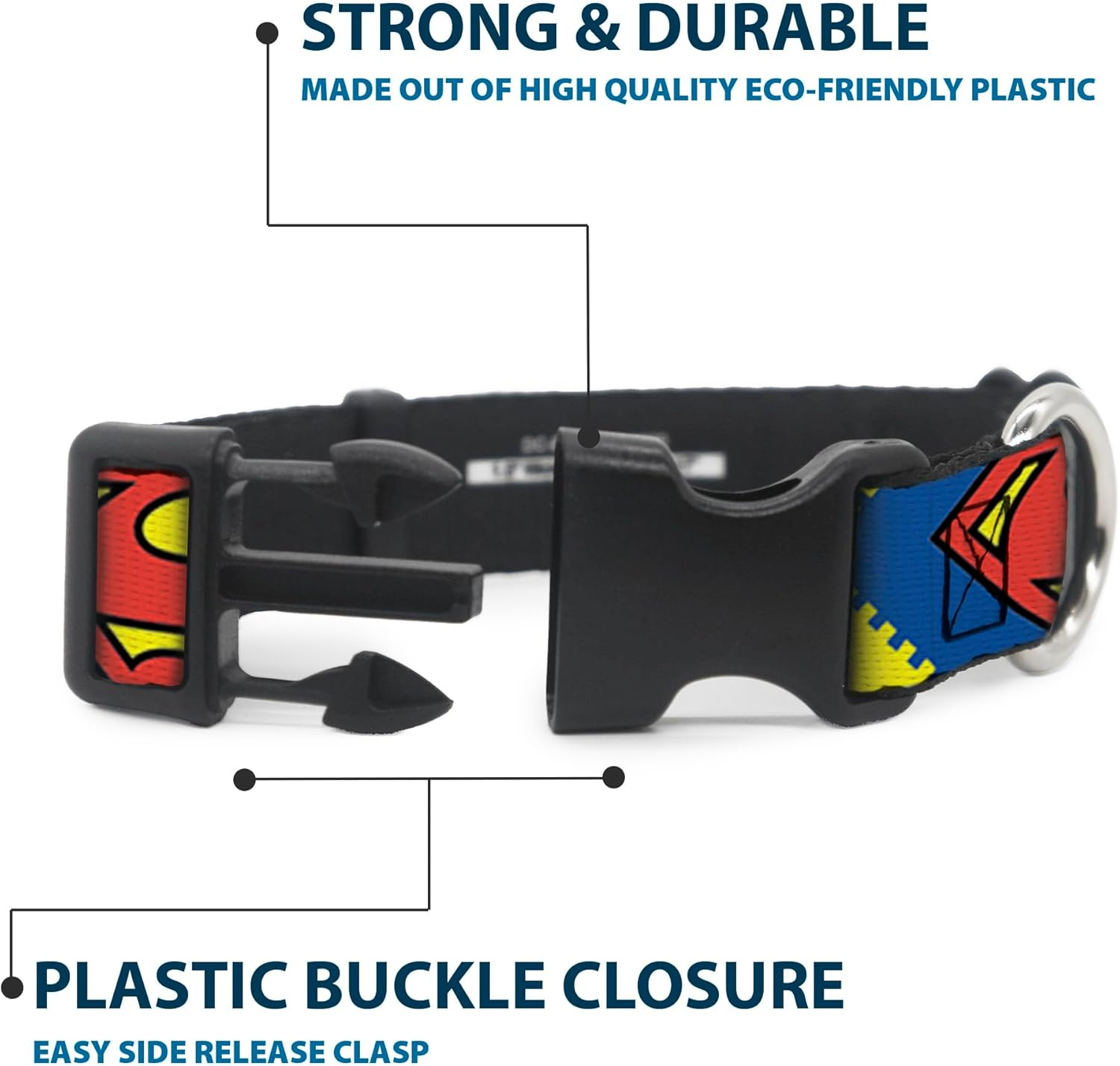 Buckle-Down Plastic Clip Dog Collar, Jagged Superman Shield Close-Up Yellow/Blue/Red, 6 to 9 Neck Size X 0.5 Inch Width image number 1