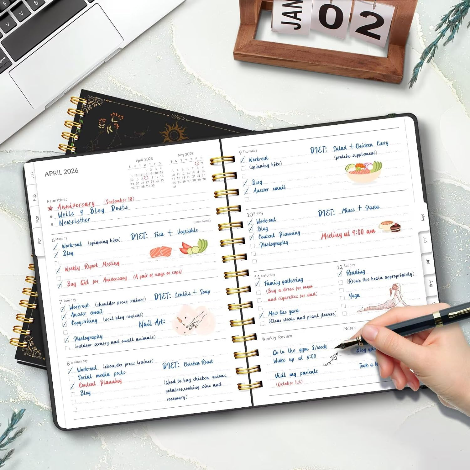 2026 Diary, A5 Weekly and Monthly Planners with Tabs, Spiral Bound Daily Calendar 2026 Planner, Agenda Organizers from Jan. to Dec., Hardcover Habit Tracker Journal 6.18" X 8.5" (Green Butterfly) image number 4