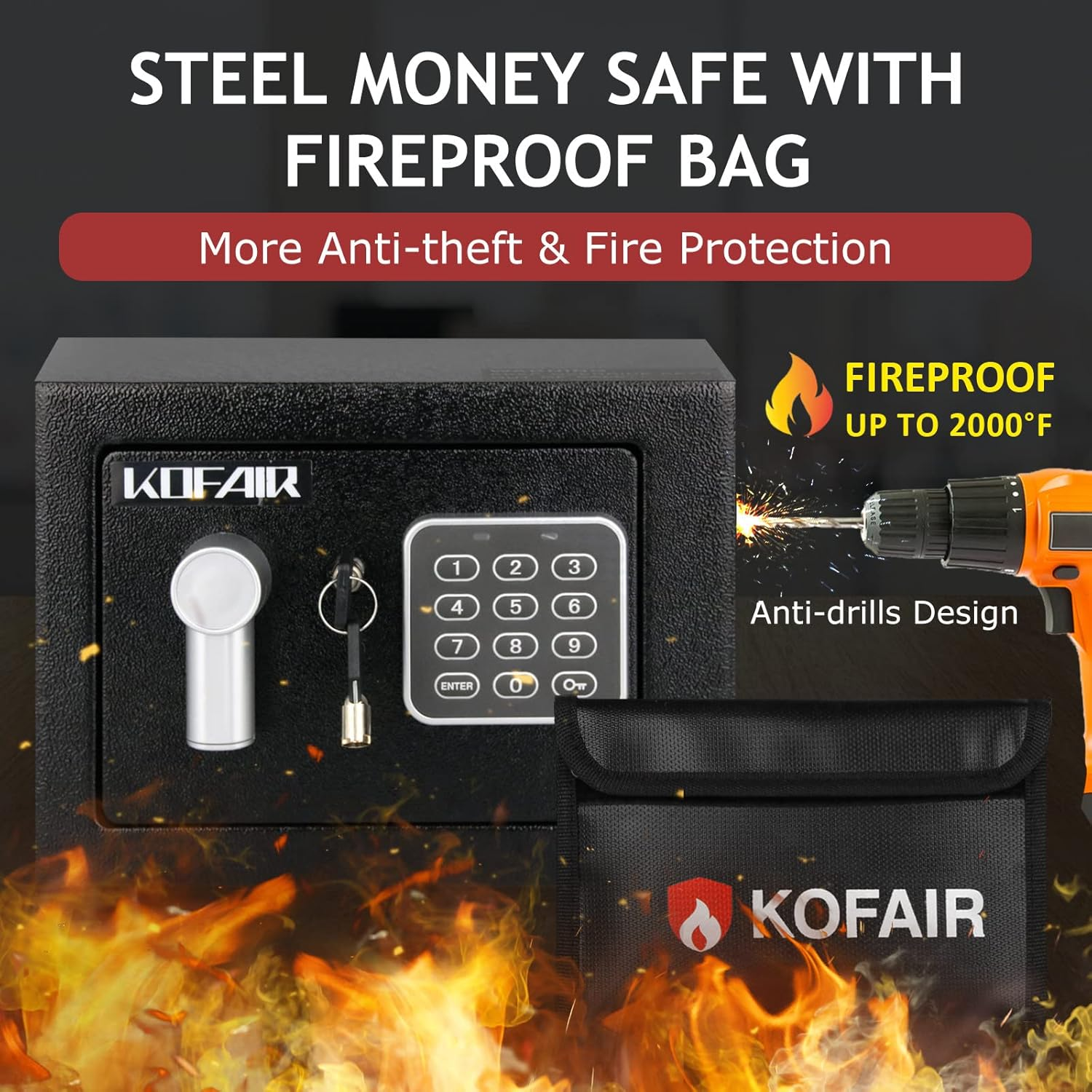 Small Safe Box Home Safe, Personal Safe Box Money Safe, Steel Mini Safe Box Keys, Digital Safety Box Sensor Light, Money Lock Box Fireproof Money Bag (0.23 Cubic Feet) KF - SAB - B01 Red image number 3