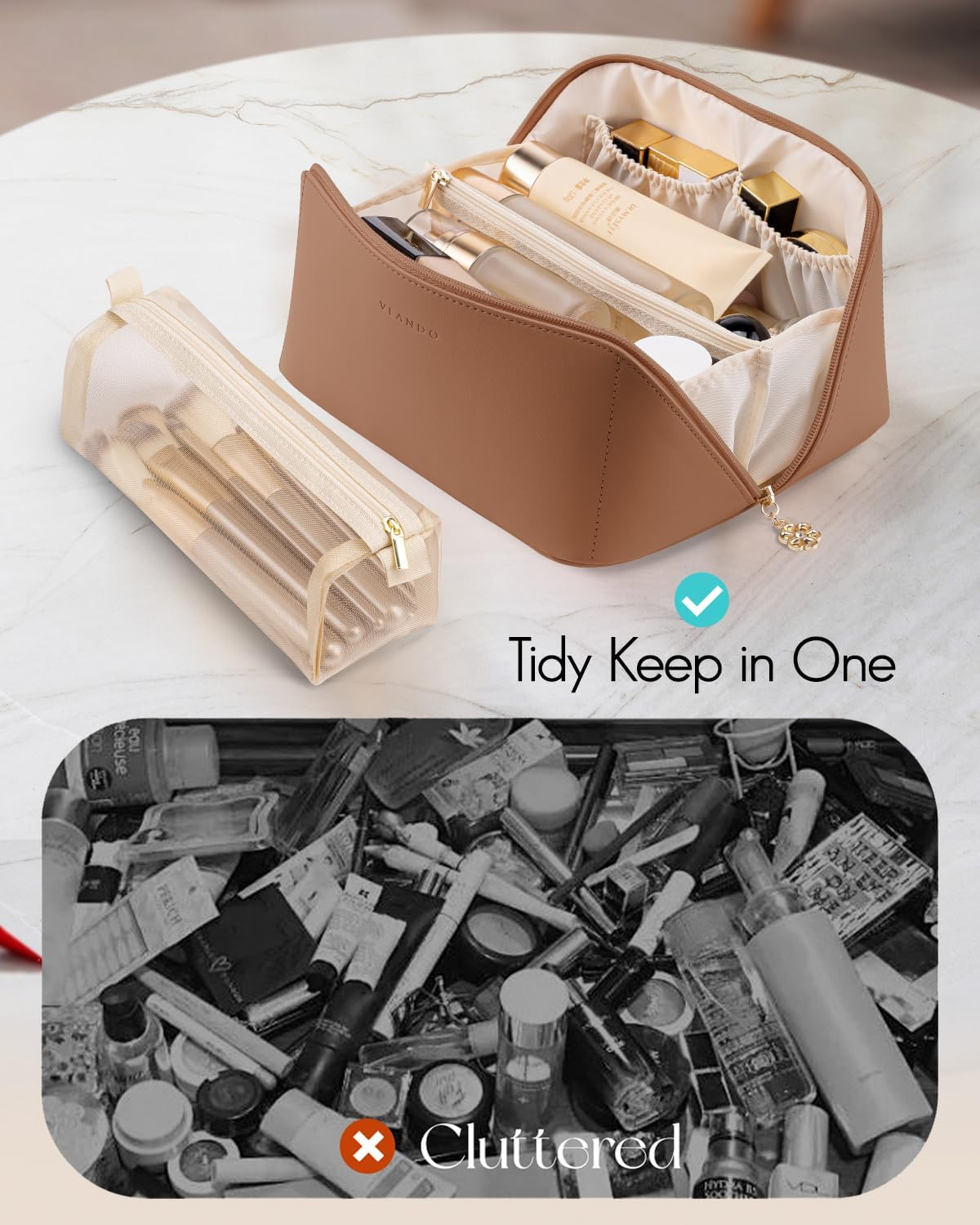 Vlando Travel Makeup Bag,Toiletry Bag for Women PU Leather Open Flat Make up Bag, 02.Brown, Open Flat image number 1