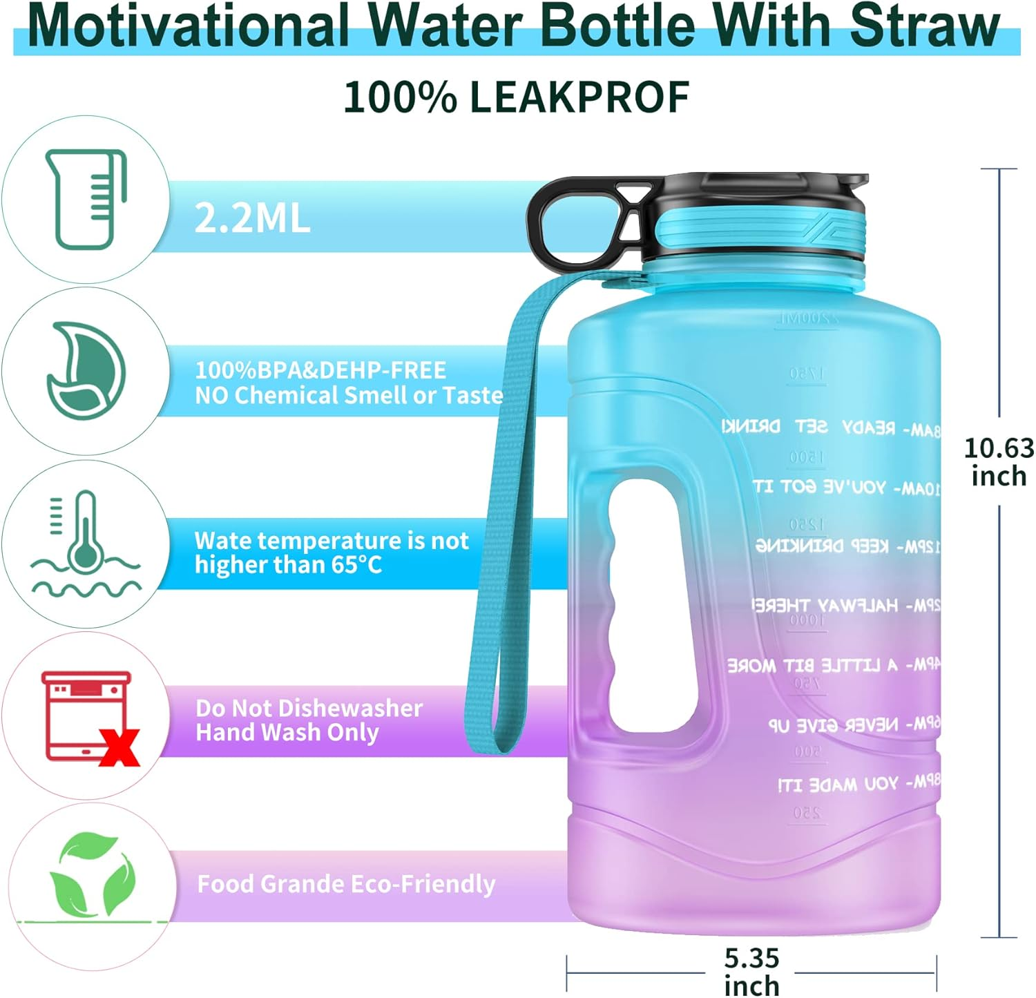 AF-WAN Motivational Water Bottle with Time Markings & Straw, 2.2 Litre Half Gallon Large Sports Water Jug with Handle, BPA Free Leakproof Water Bottles for Fitness, Gym and Outdoor Sports (Blue) image number 2