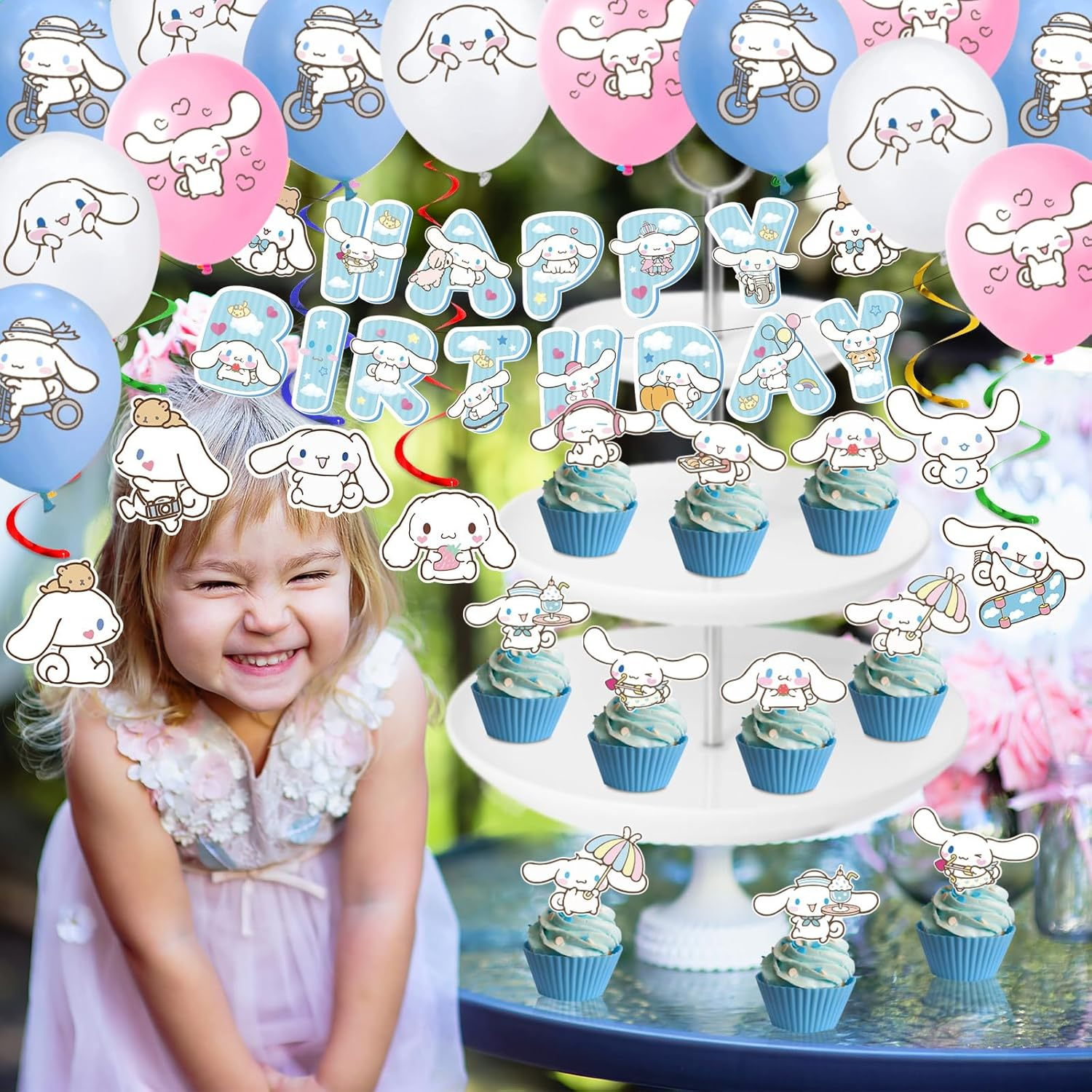 AVONO Cinnamoroll Birthday Decorations, Party Supplies Set Include Banner, Balloons, Hanging Swirls, Cake Cupcake Toppers, Tablecloth for Kids Cinnamoroll Theme Party image number 5