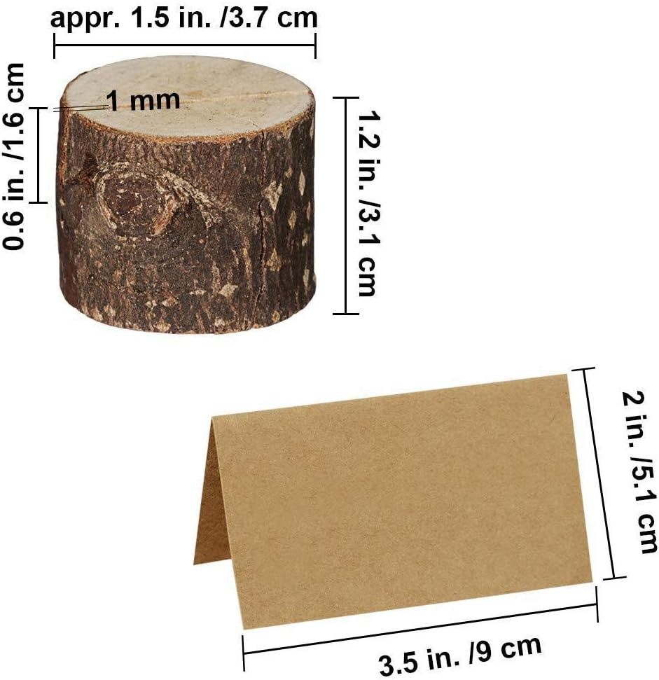 OBLEGY 10Pcs Wood Place Card Holders and 10Pcs Kraft Table Name Place Cards, Natural Log Table Number Stands Food Labels Dinner Decor Photo Holders for Christmas, Weddings, Birthday, Party Supplies image number 5