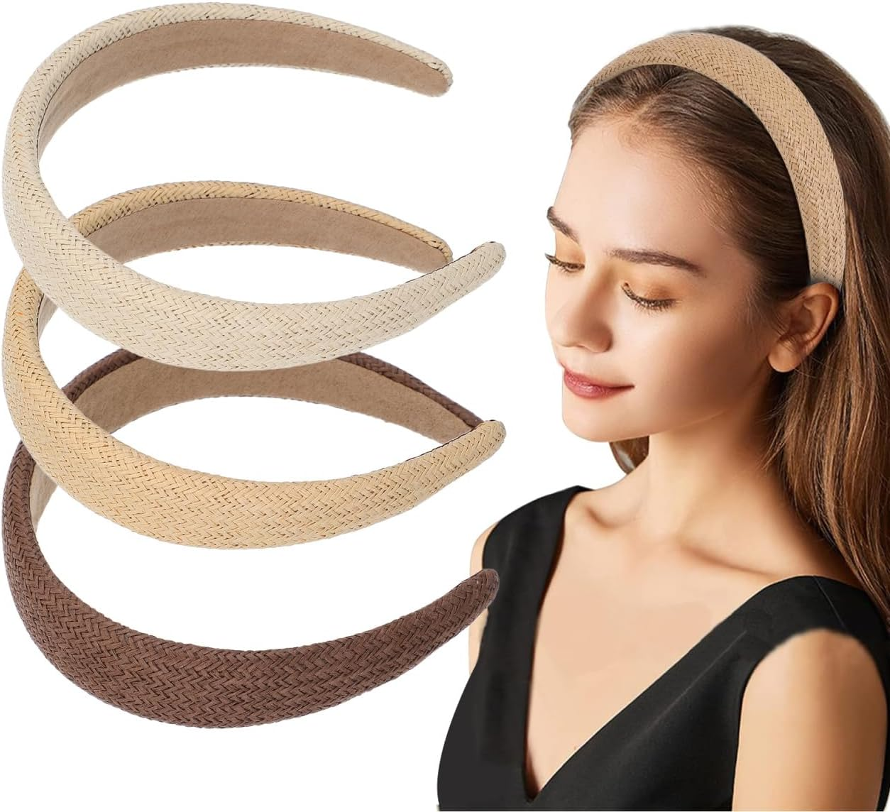 Beavorty Braided Hair Band for Women, 3 Pieces Non-Slip Boho Hair Bands Transatlantic Raffia Plastic for Women Outdoors image number 5