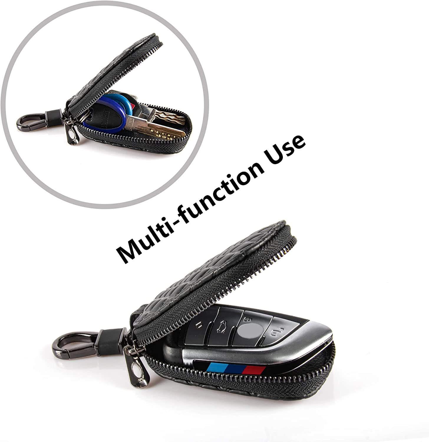 Amiss Universal Key Fob Cover Case, Genuine Leather Car Smart Key Protector with Metal Hook, Keyring Zipper Bag for Remote - Black Plaid image number 2