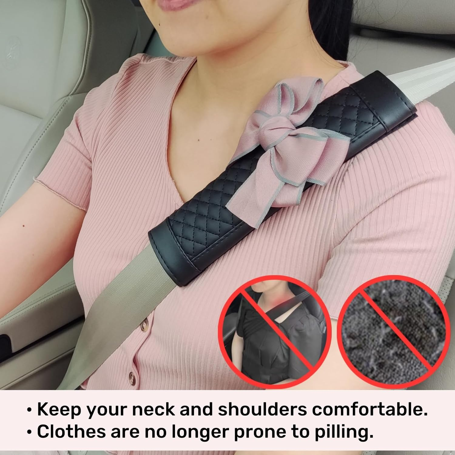 Zigihos Cute Bow Leather Car Seat Belt Cover Pads,2 Pcs & 4 Pcs Seat Belt Cover for Shoulder, Seatbelt Cushion, Car Seat Strap Pads, Seatbelt Covers for Women (Black,2) image number 6