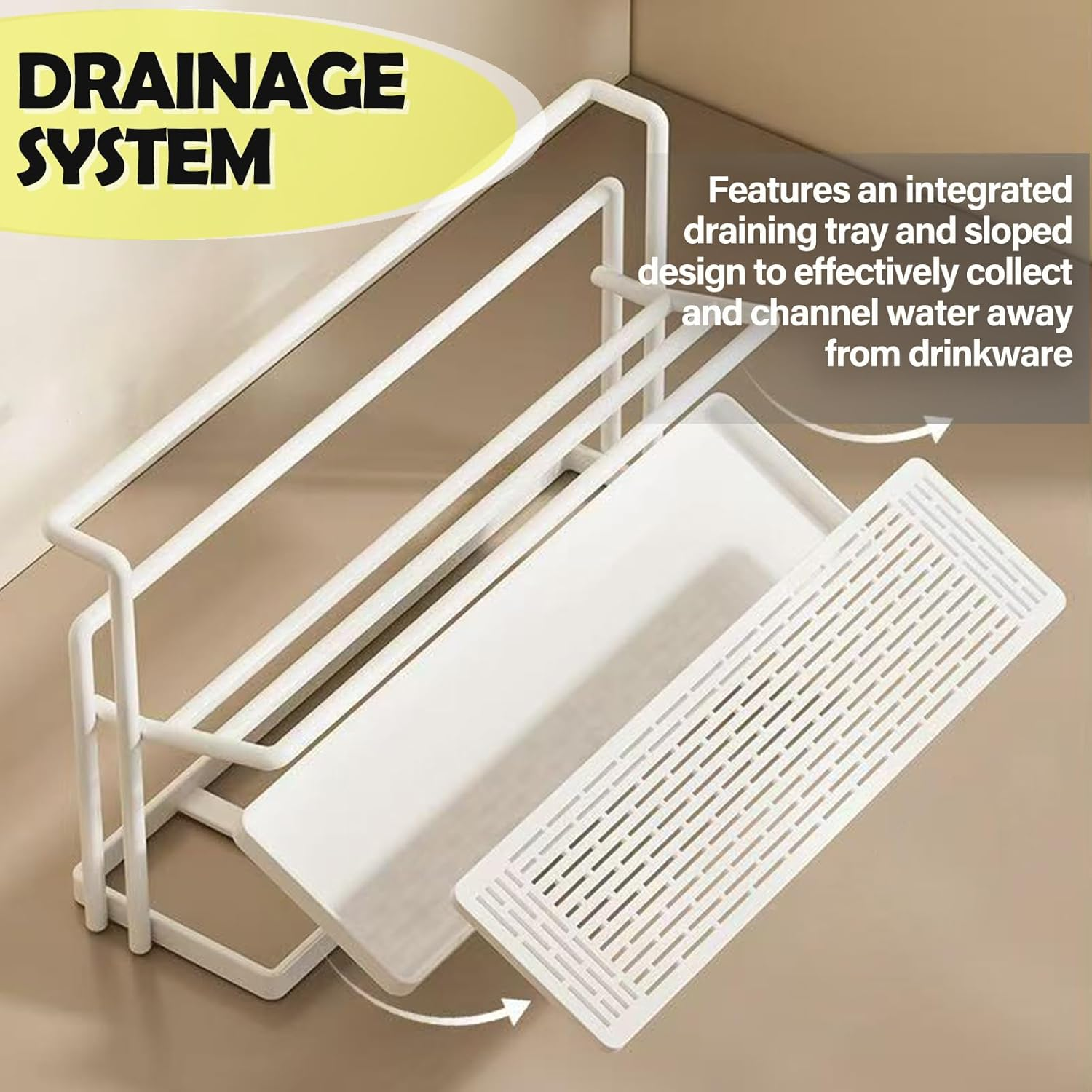 2-Tier Cup Drying Rack, Draining Organiser with Storage for Mugs and Bottles, White image number 6