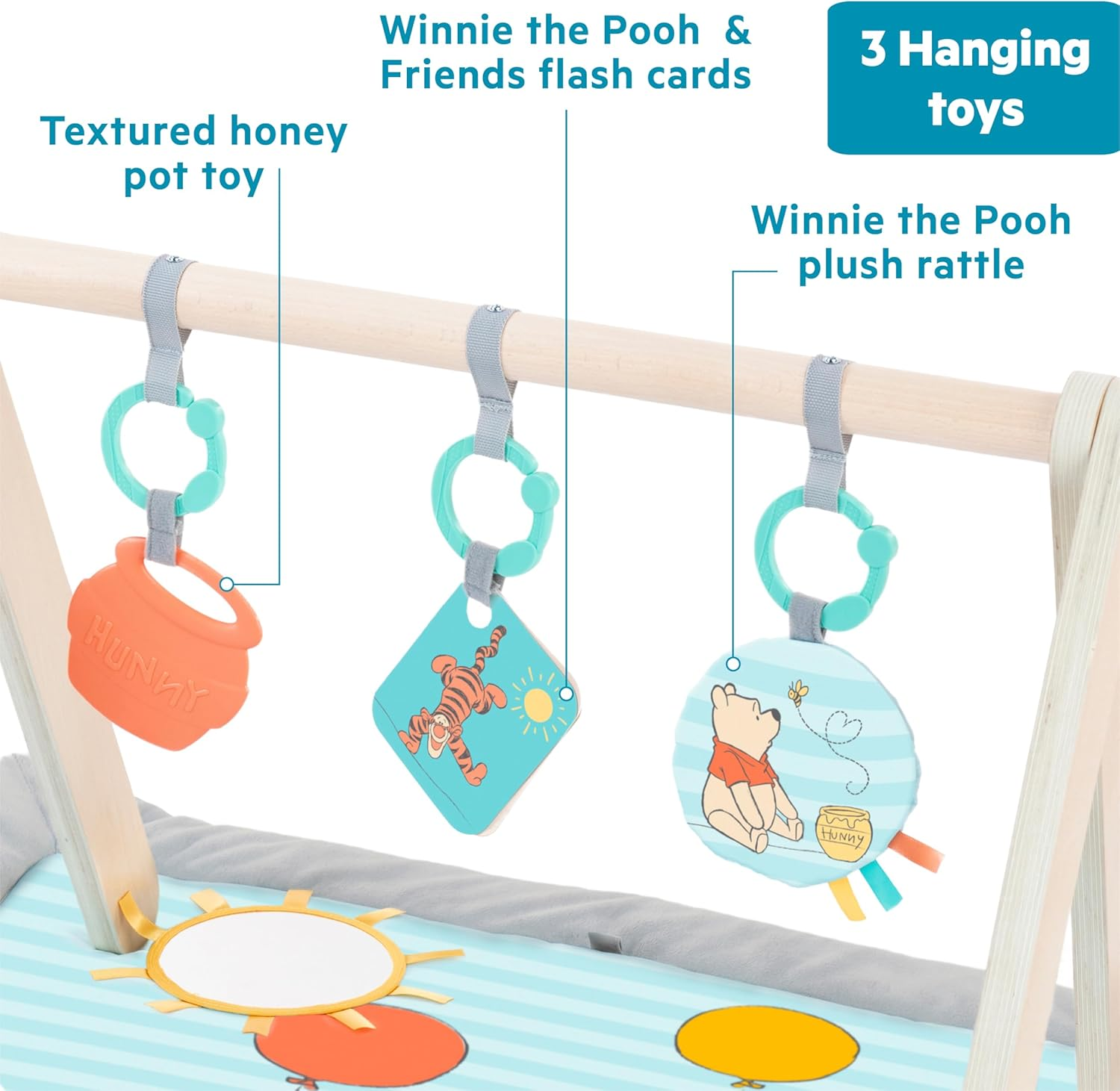 Disney Winnie the Pooh Once upon a Tummy Time Baby Activity Mat with Wooden Toy Bar, Blue, Newborn+ by Bright Starts image number 5