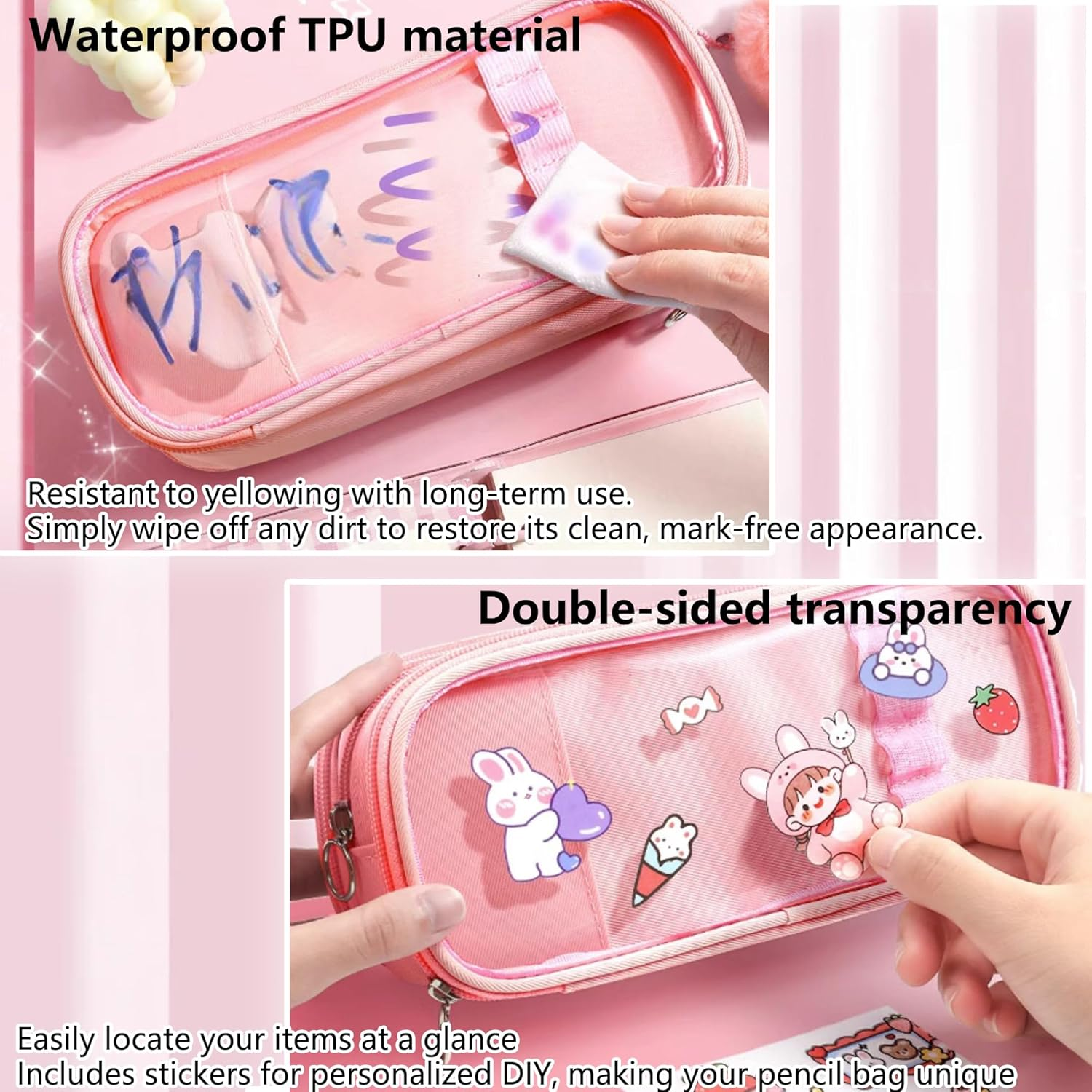 UINSUE Cute Pen Case Adorable Bunny Transparent 3-Layer Large Capacity Pencil Case Gadget Organizer with Lovely Stickers (Pink) - Purple image number 5