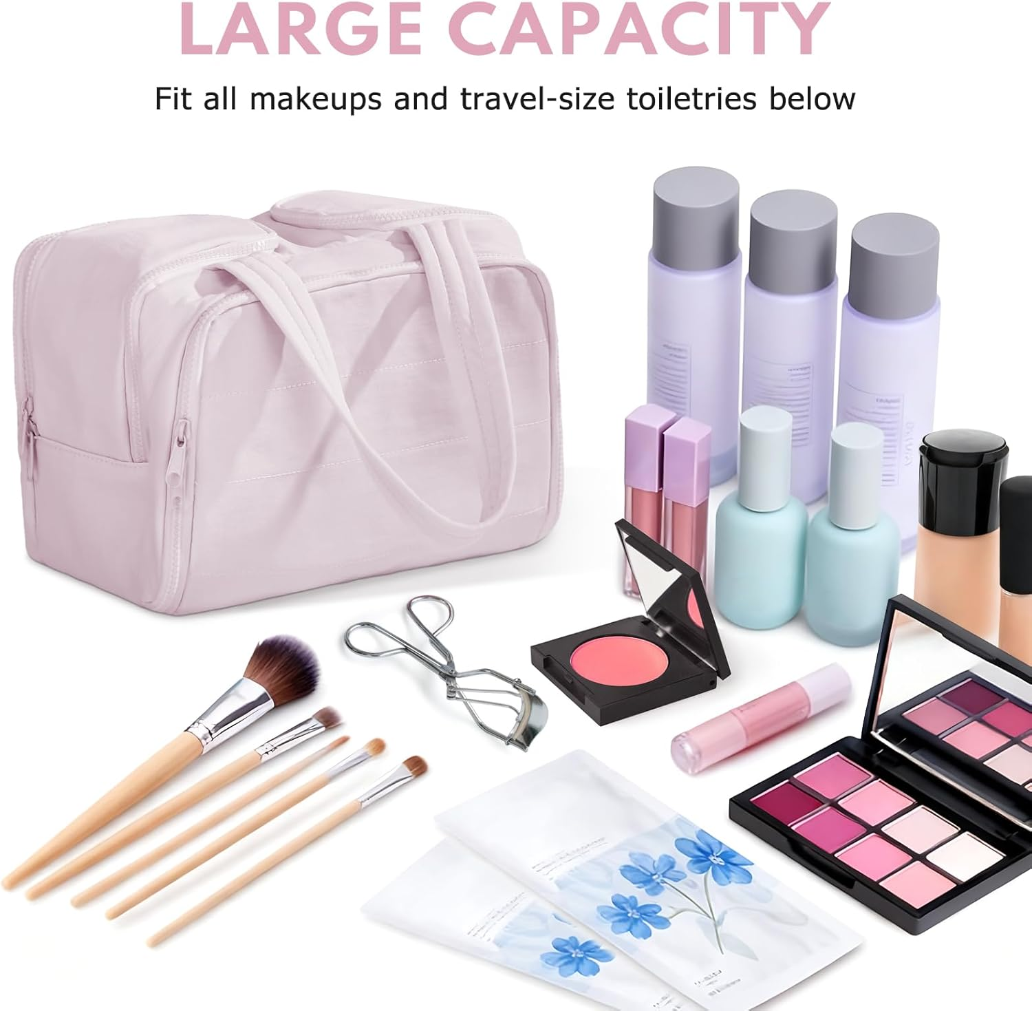 WODHMIEY Travel Toiletry Bag, Puff Large Capacity Cosmetic Bag, Spacious Toiletry Organizer for Women Travel, Waterproof PVC Lining, Wide Opening Dual Side Design, Lightweight Portable image number 1