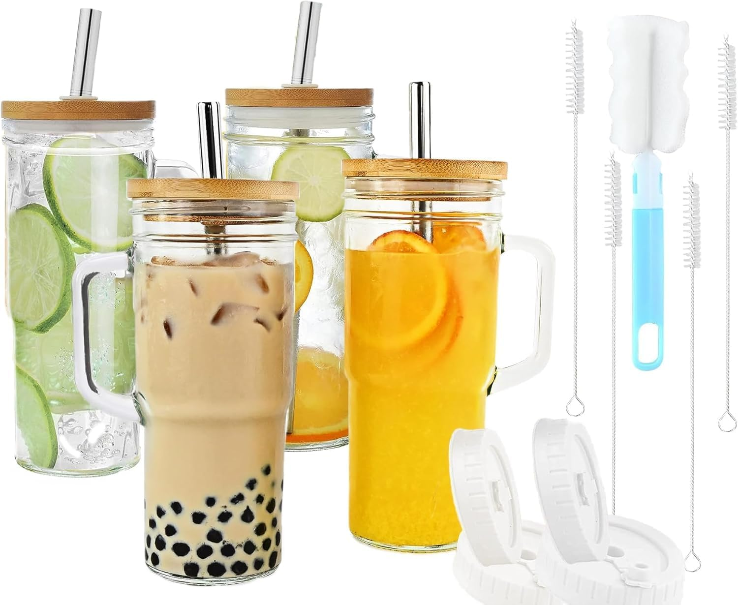 Glass Cup with Bamboo Lids and Straws 4Pcs 24Oz/700Ml Mason Jar Drinking Glass with Handle Straw Brush-Wide Mouth Reusable Drinking Glasses for Water Iced Tea or Coffee image number 3