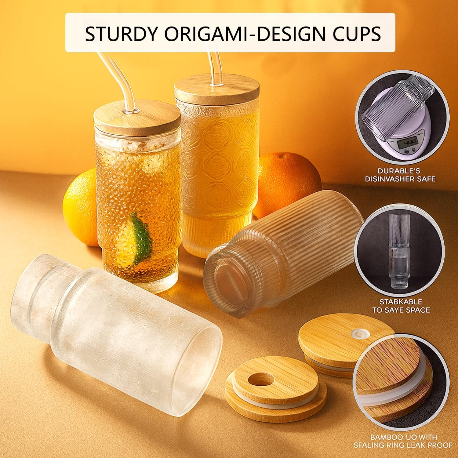 Vintage Drinking Glasses Set of 4, Overnight Oats Containers with Bamboo Lidset and Reusable Straw, 11Oz Iced Coffee Cup Mugs Glassware with Bottle Brush for Iced Americano Cereal Yogurt Milk Beverage image number 1