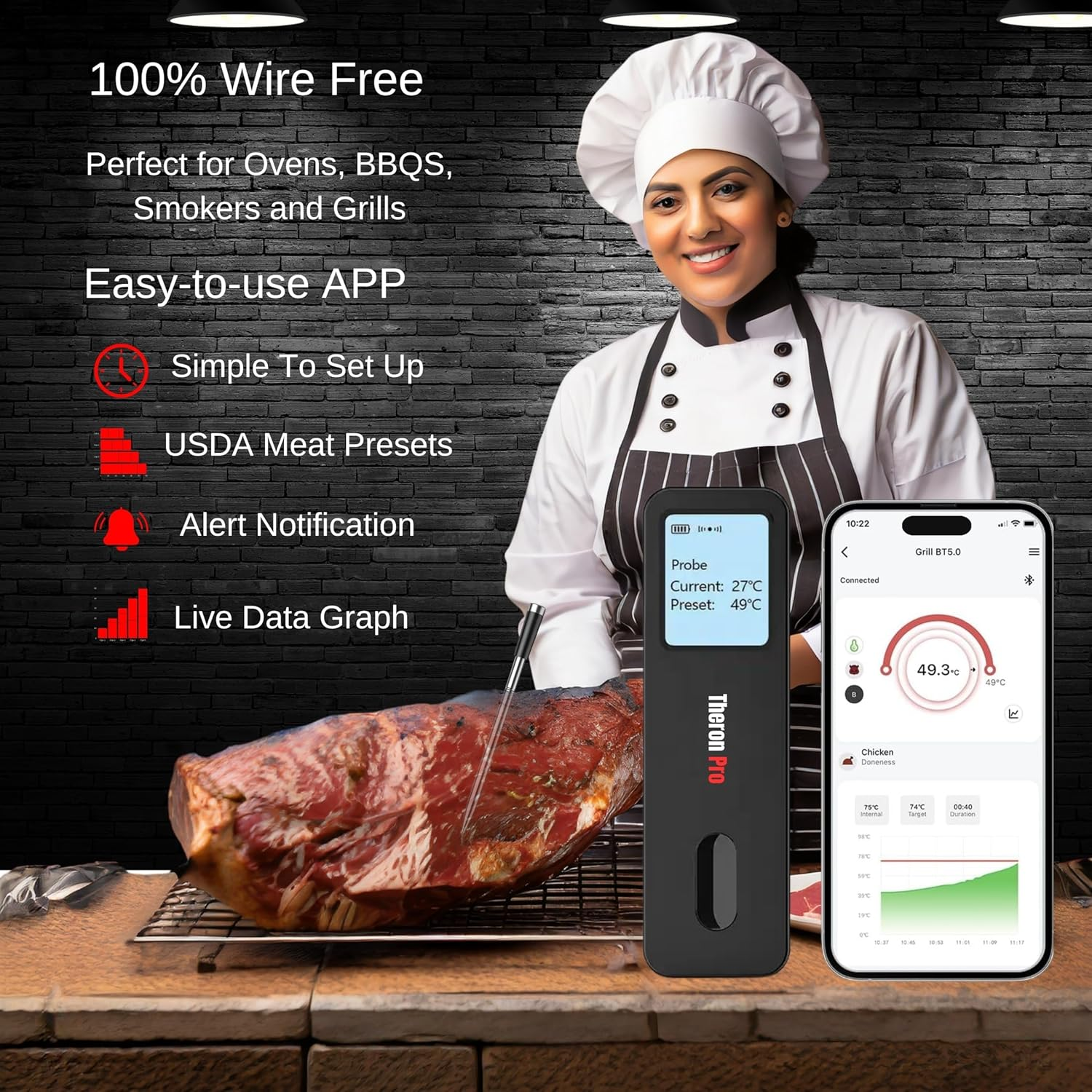 Theronpro Digital Meat Thermometer - True Wireless Meat Thermometer, Smart Meat Thermometer for Oven and Smoking, Bluetooth Meat Thermometer with LCD Display for Cooking and BBQ image number 6
