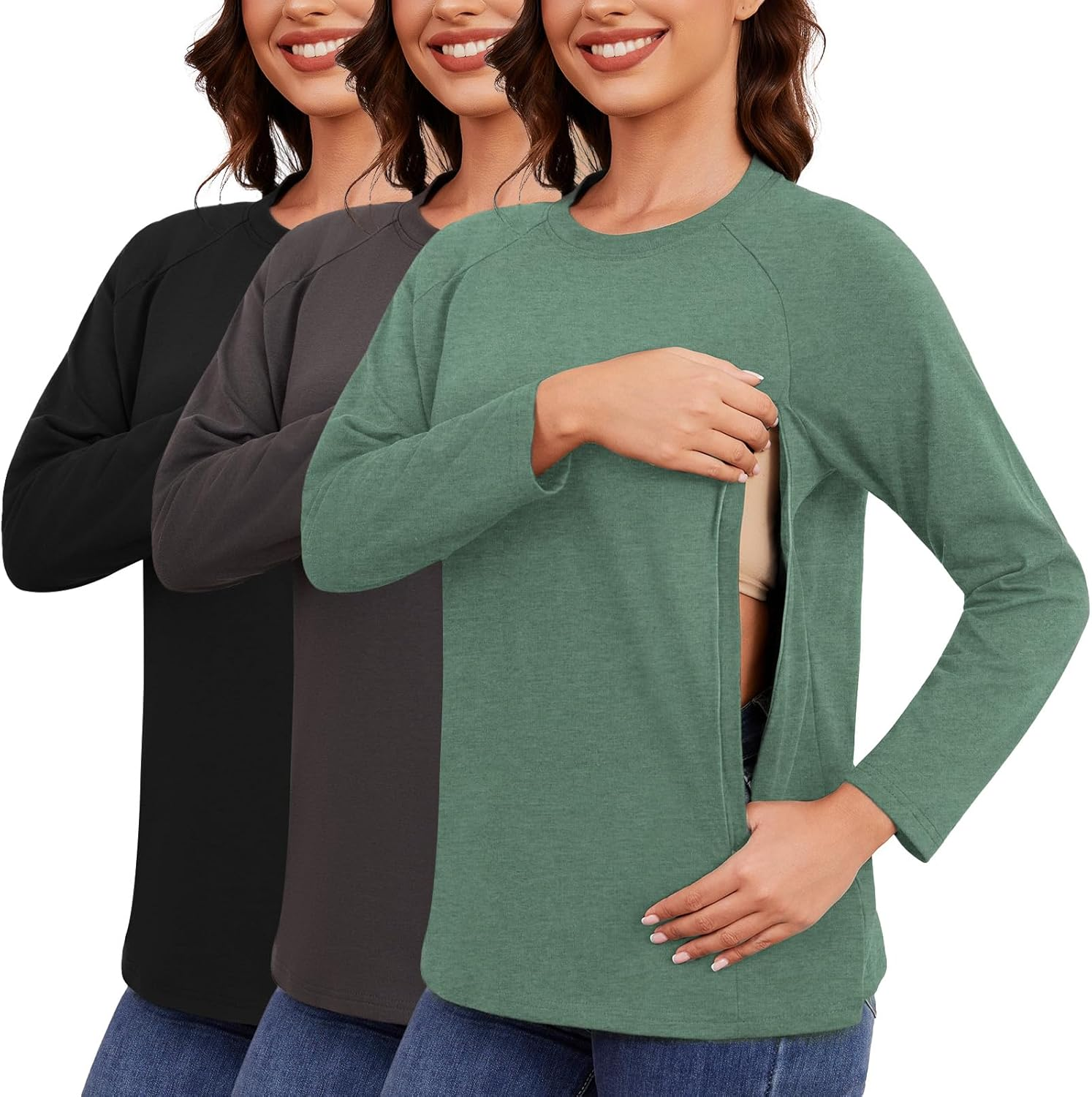 Ecavus 3-Pack Breastfeeding Shirts with Hidden Zippers Comfort and Soft Nursing Shirts for Women