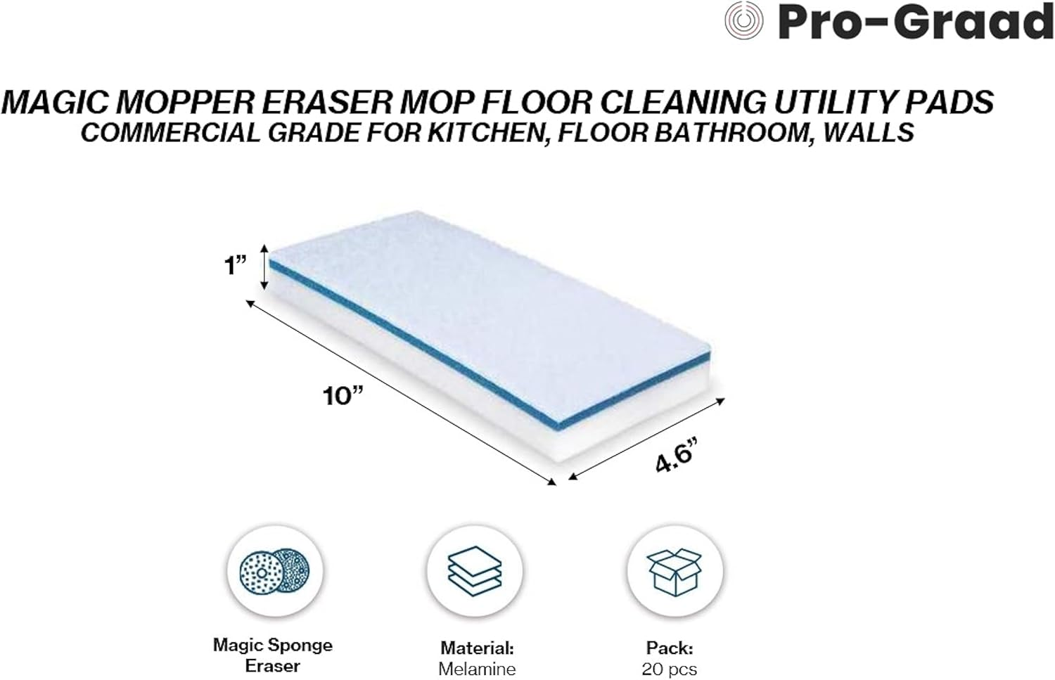 Magic Mopper Eraser 20 Pack 4.5" X 10" X 1" Mop Floor Cleaning Utility Pads Durable Melamine Erasing Sponges Commercial Grade Floor Tile Grout Baseboard Walls, Pack of 20 image number 1