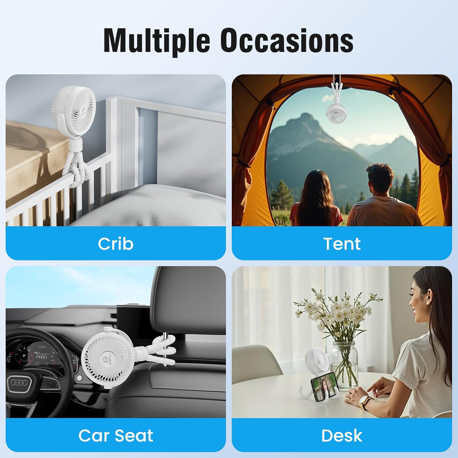 Small Battery Operated Clip-On Versatile Fan with Flexible Tripod, 5000 Mah Portable Stroller Fan, Rechargeable Desk Fans, 4 Speeds, Max 26 Hrs, USB Powered,360&deg;Rotation, for Car (White) image number 4