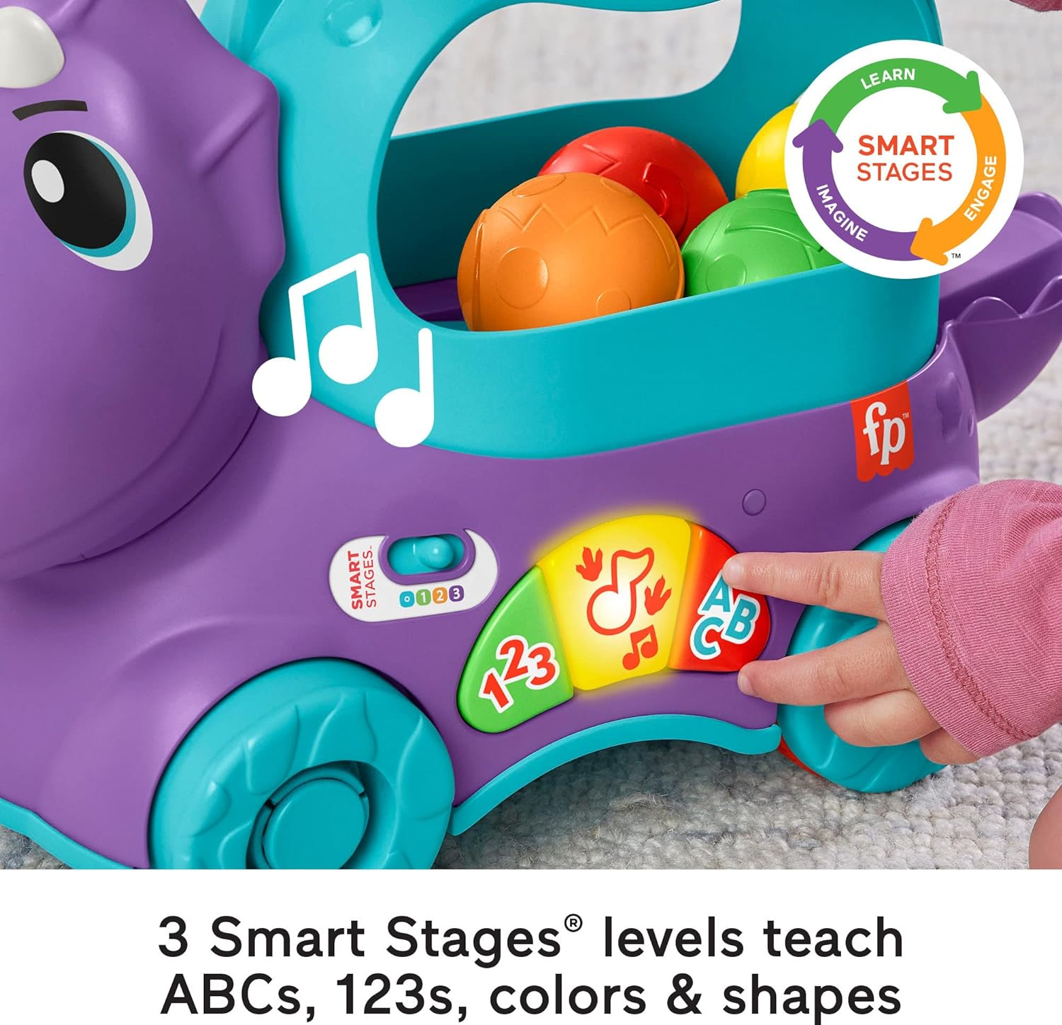 Fisher-Price Toddler Learning Toy Poppin&rsquo; Triceratops Dinosaur Pull-Along Ball Popper with Smart Stages for Ages 1+ Years image number 5