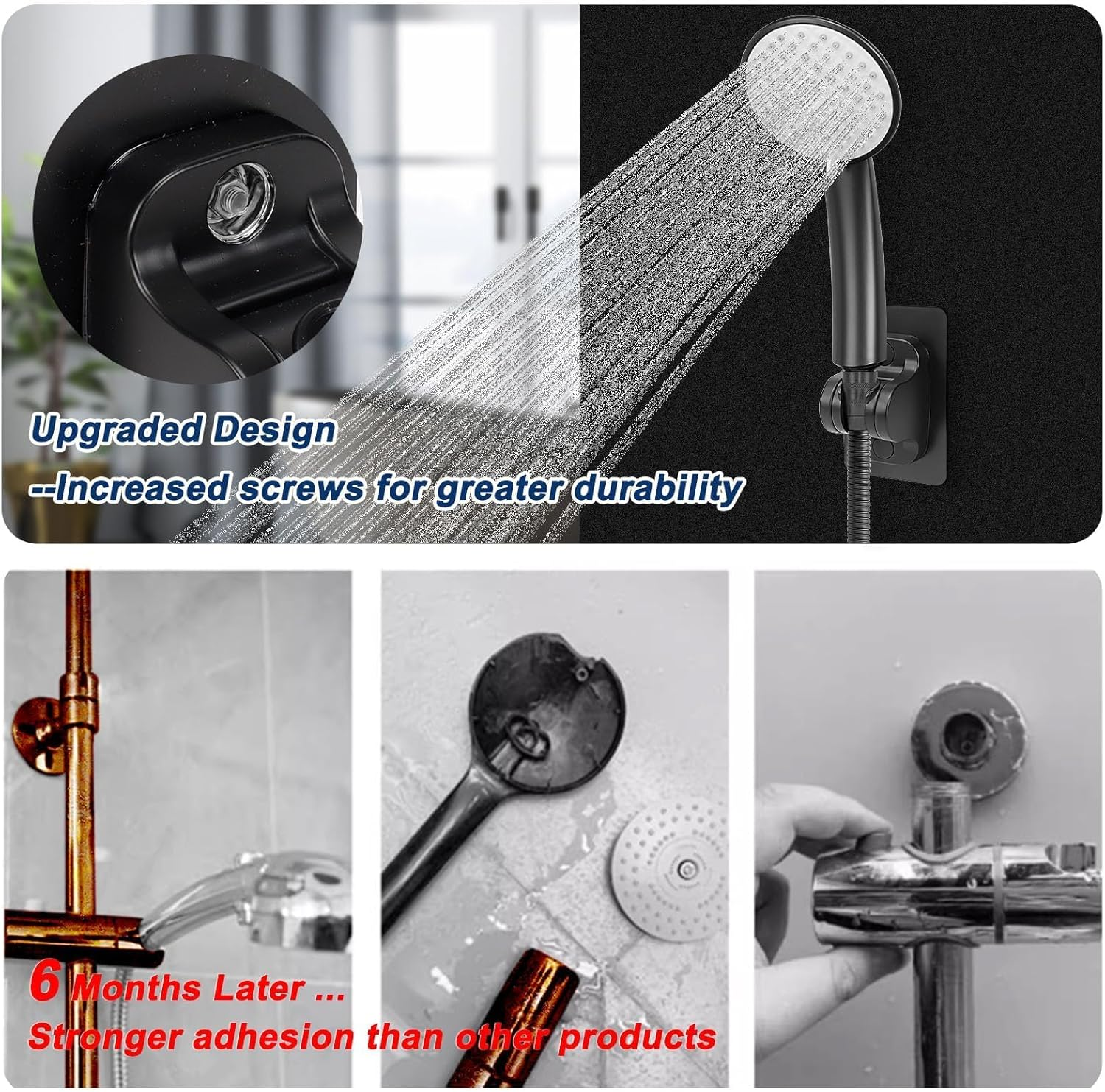 Self Adhesive Shower Head Holder, Adjustable, NO Drilling, Waterproof Handheld Shower Holder, Wall Mount Strong, for Rv Shower, Kids Shower, Bathroom Shower ( Grey)