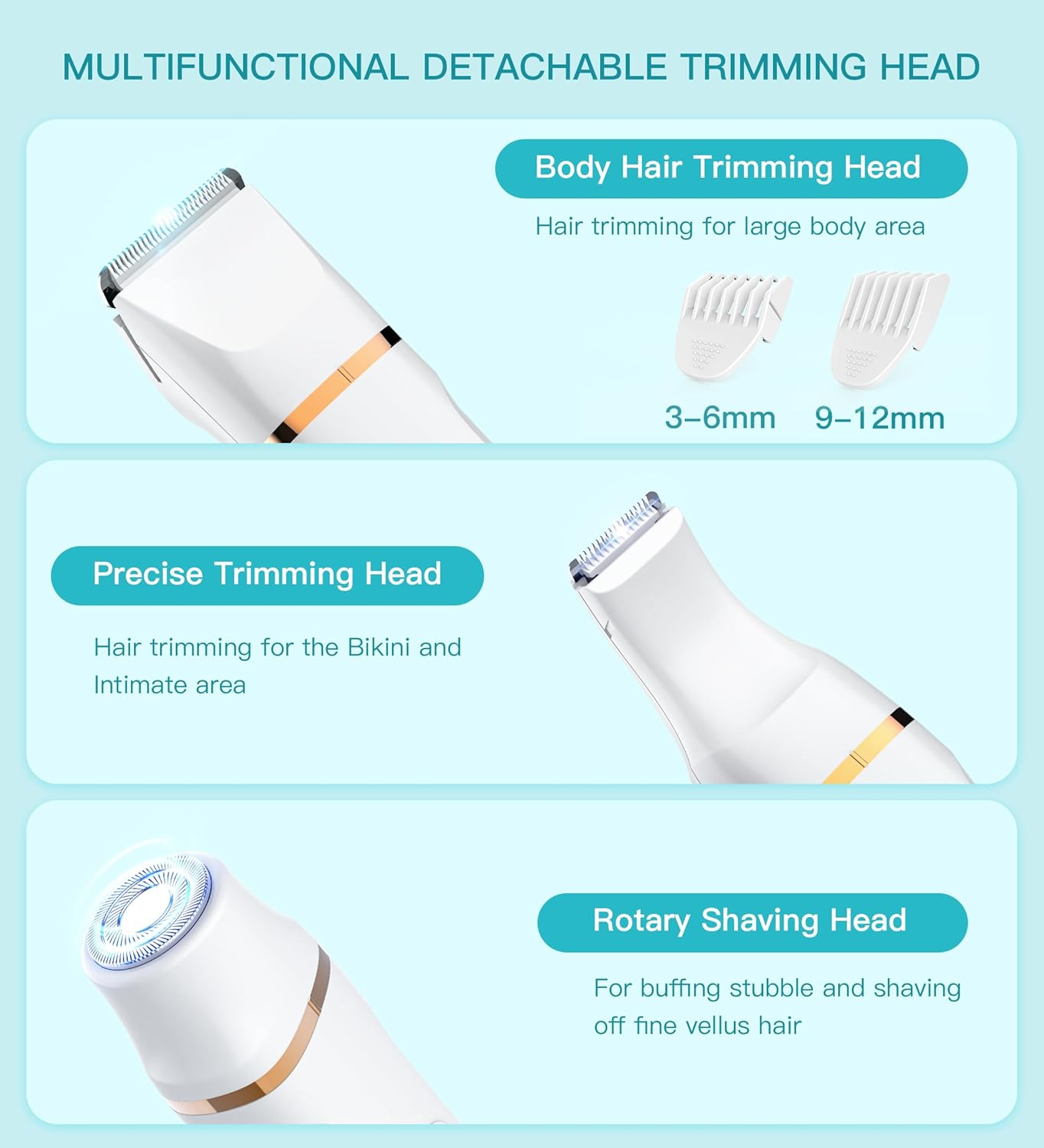 HEBECA Bikini Trimmer for Women, 3In1 Electric Razor for Women with Facial Trimmers & Intimate Shaver for Sensitive Skin, Waterproof Wet & Dry Use Rechargeable Pubic Hair Trimmer Removal image number 5