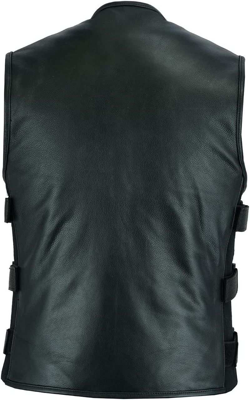 Leatherick Men'S Collarless Tactical Style Leather Warrior Motorcycle Waistcoat Black with Gun Pockets image number 5