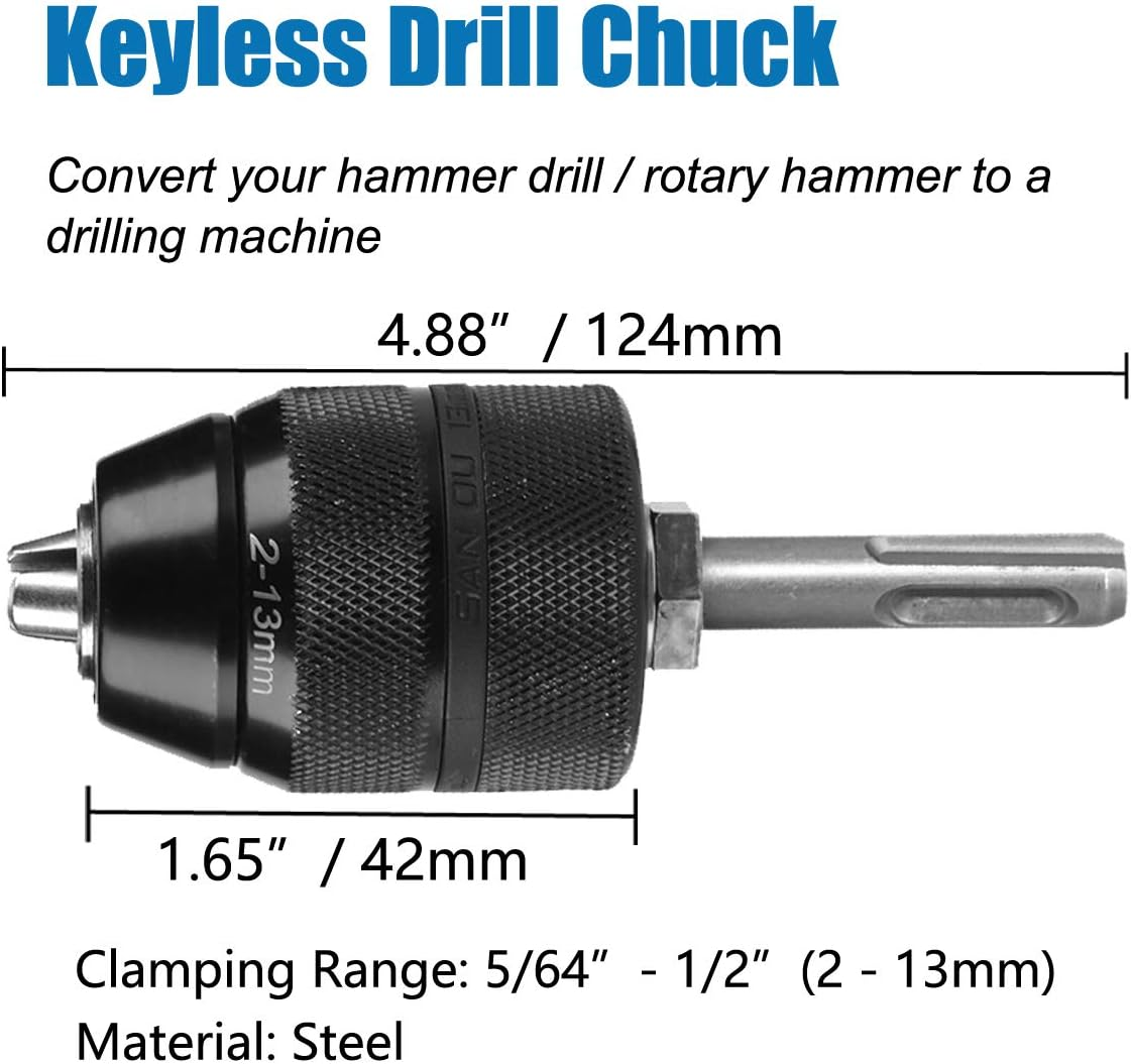 Hymnorq 1/2-Inch Keyless Drill Chuck with SDS plus Shank Adapter &ndash; 1.5-13Mm (1/16" - 1/2") Capacity, 1/2-20UNF Mount &ndash; Heavy Duty All-Metal Self-Tightening Converter for Rotary Hammers image number 3