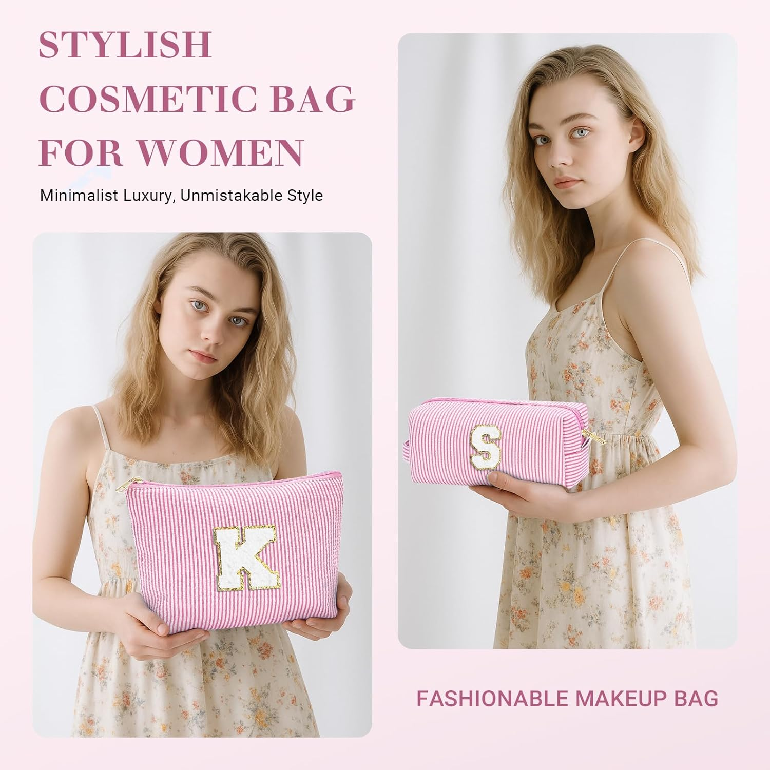 LIAN Makeup Bag Set Initial Cosmetic Bags Travel Toiletry Bags for Women Teen Girls Friend Birthday Gifts Personalized Gifts(Pink-M) image number 2