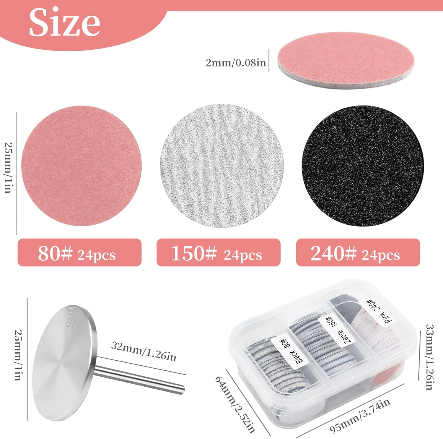 72Pcs Sanding Paper Discs and 25Mm Metal Nail Drill Bit Replacement Sandpaper Disk, Foot File for Dead Skin Foot Callus Remover for Manicure Pedicure Supplies Tools(80#150#240# Grits) image number 6
