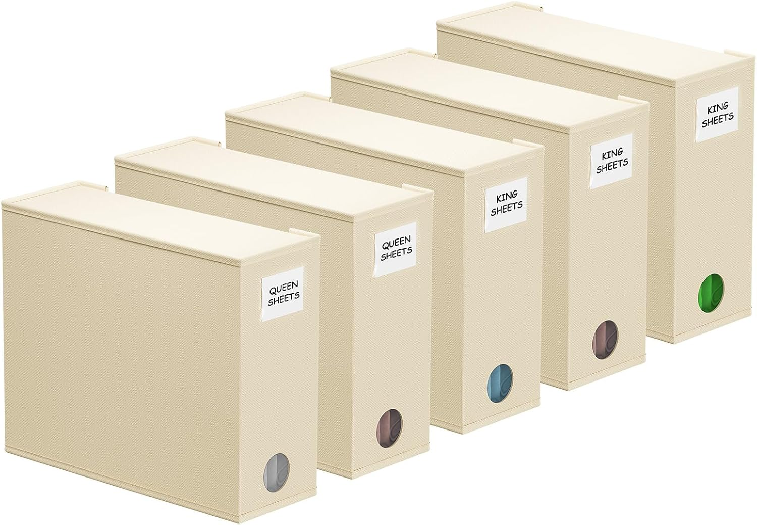 Spaceaid 5 Pack Bed Sheet Organizers and Storage, Foldable Sheet Organizer for Linen Closet, Sheets Set Folder Keeper with Window XL (Queen & King Size) Organizing Bedding Container, Beige