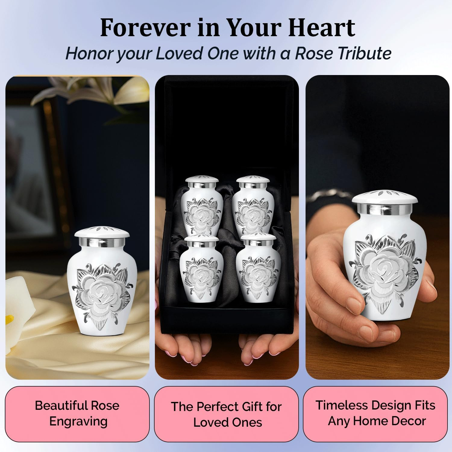 Small Urns for Human Ashes Keepsake - Mini Urn for Ashes Set of 4 - Honor Your Loved One with Handcrafted Memorial Rose Keepsake Urns for Women & Men (White, Set of 4) image number 4