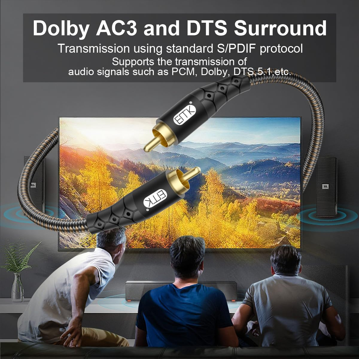 EMK RCA to RCA Subwoofer Cable &ndash; 24K Gold-Plated Connector Nylon Braided Double Shielded Audio Cable Digital&Analog Signal Support for Amplifiers Subwoofer Home Theater Hi-Fi Systems Black/50Ft/15M image number 6