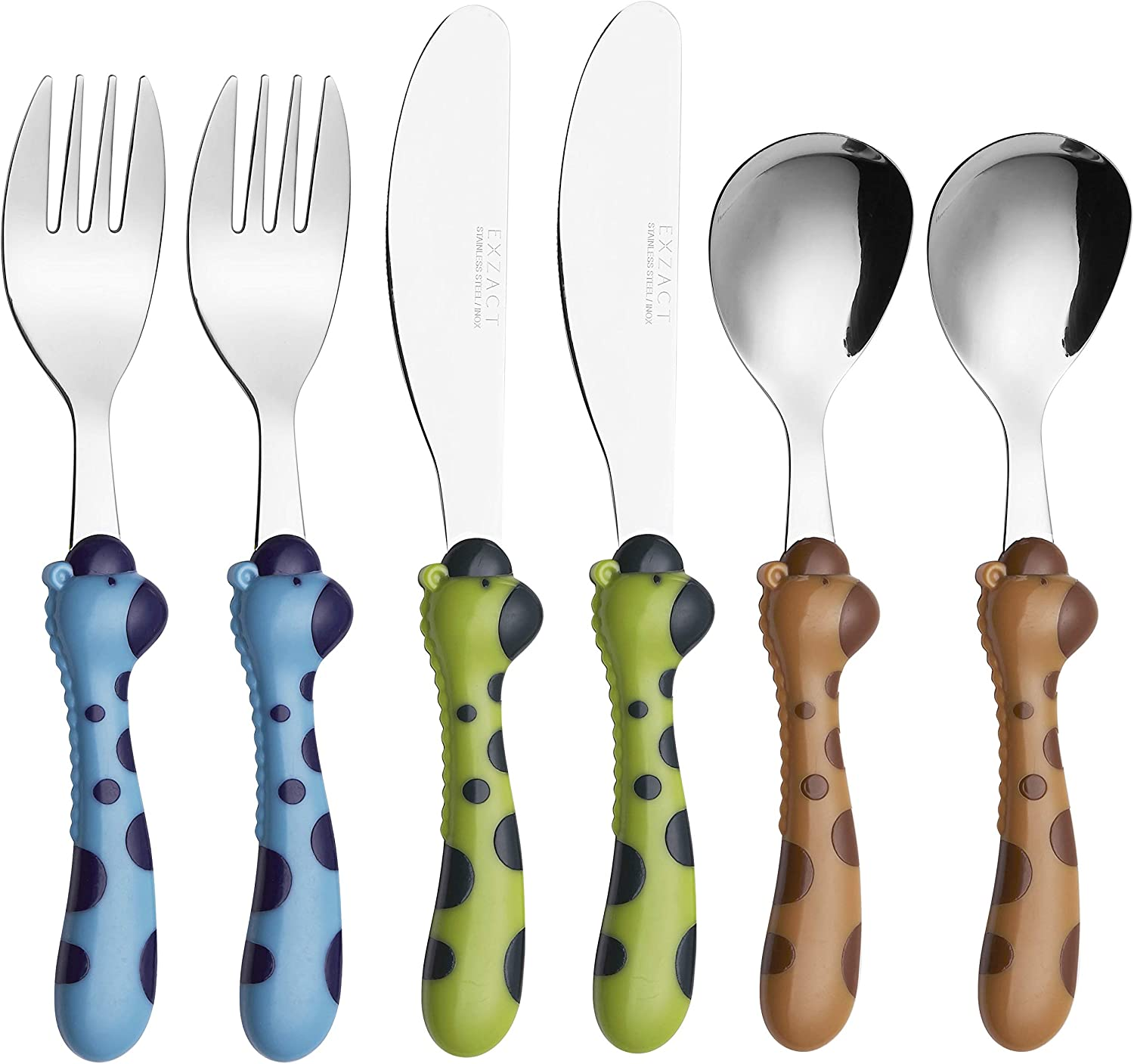 Exzact Children'S Cutlery Stainless Steel 6Pcs Set/Kids Cutlery Toddler Flatware - 2 X Forks, 2 X Dinner Knives, 2 X Spoons, BPA Free Dishwasher Safe 24M+ (Giraffe X 6)