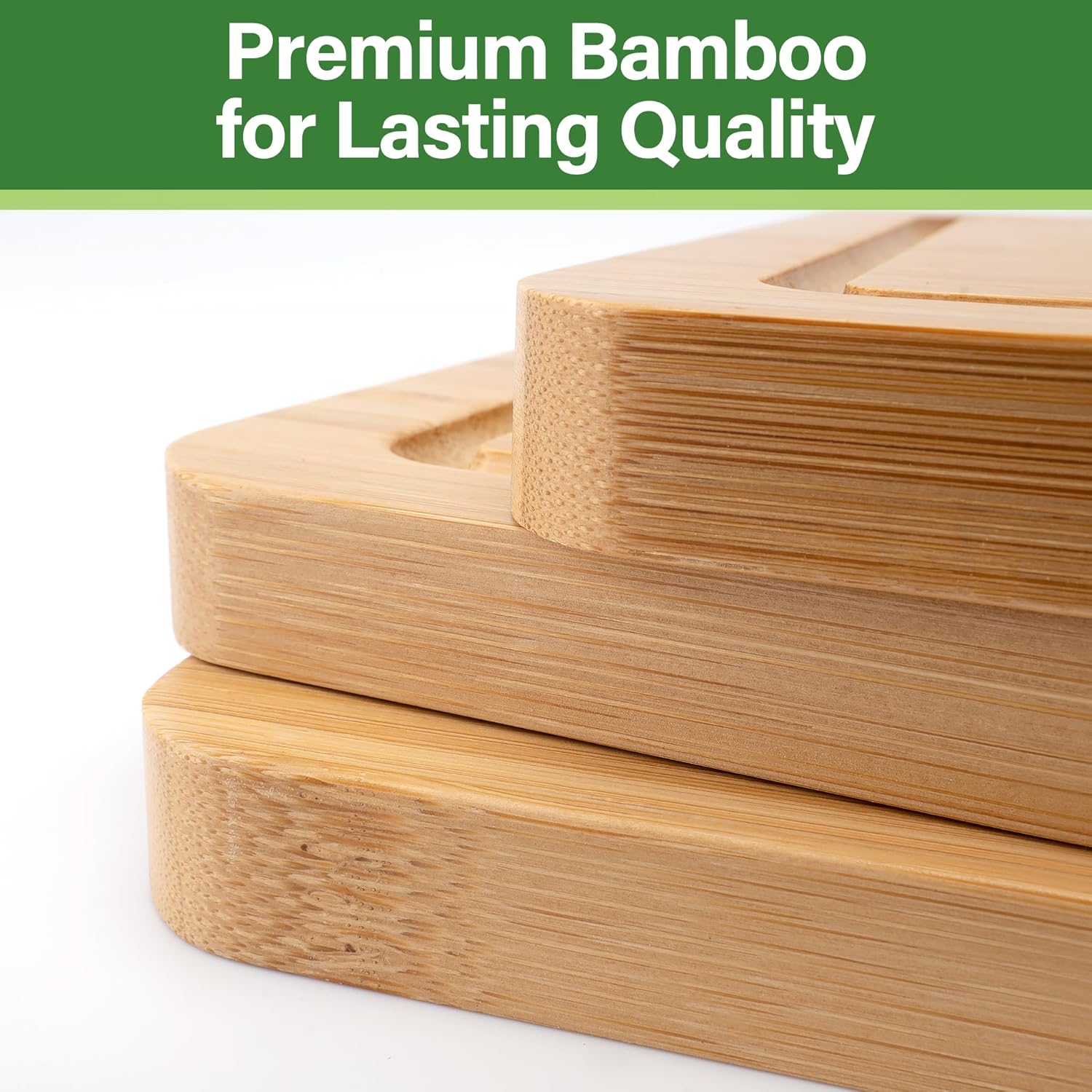 TJ POP Bamboo Chopping Board 3-Piece, Cutting Board Set with Juice Groove, Wooden Chopping Boards with Stand, Perfect for Kitchen Meal Prep & Serving image number 3