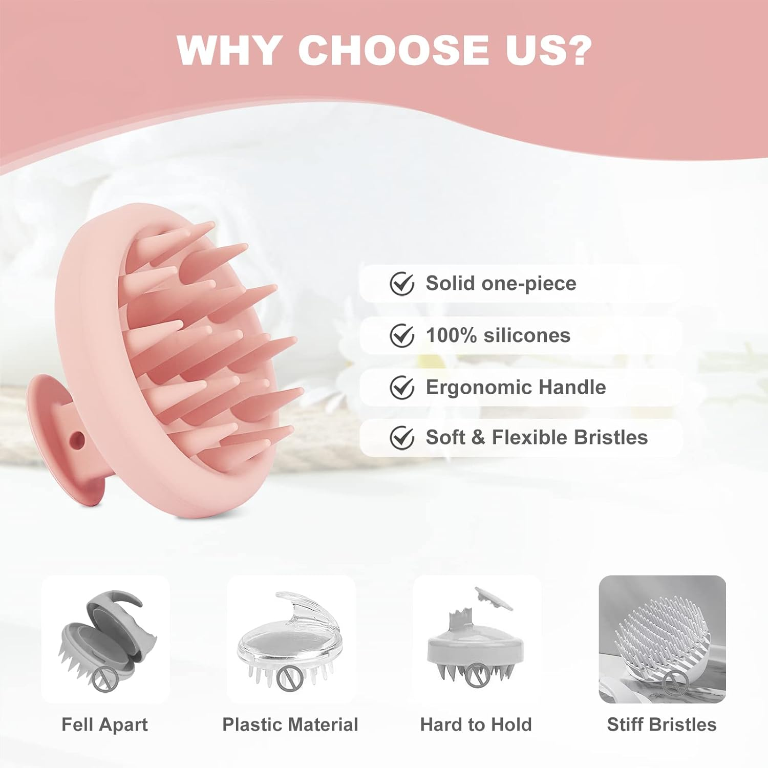 AIMIKE Scalp Massager Shampoo Brush, Soft Silicone Hair Scrubber for Washing Hair, Dandruff Removal & Scalp Scrubber Hair Growth Stimulator, Scalp Brush/Exfoliator Brush on Dry & Wet Scalp - Pink image number 3