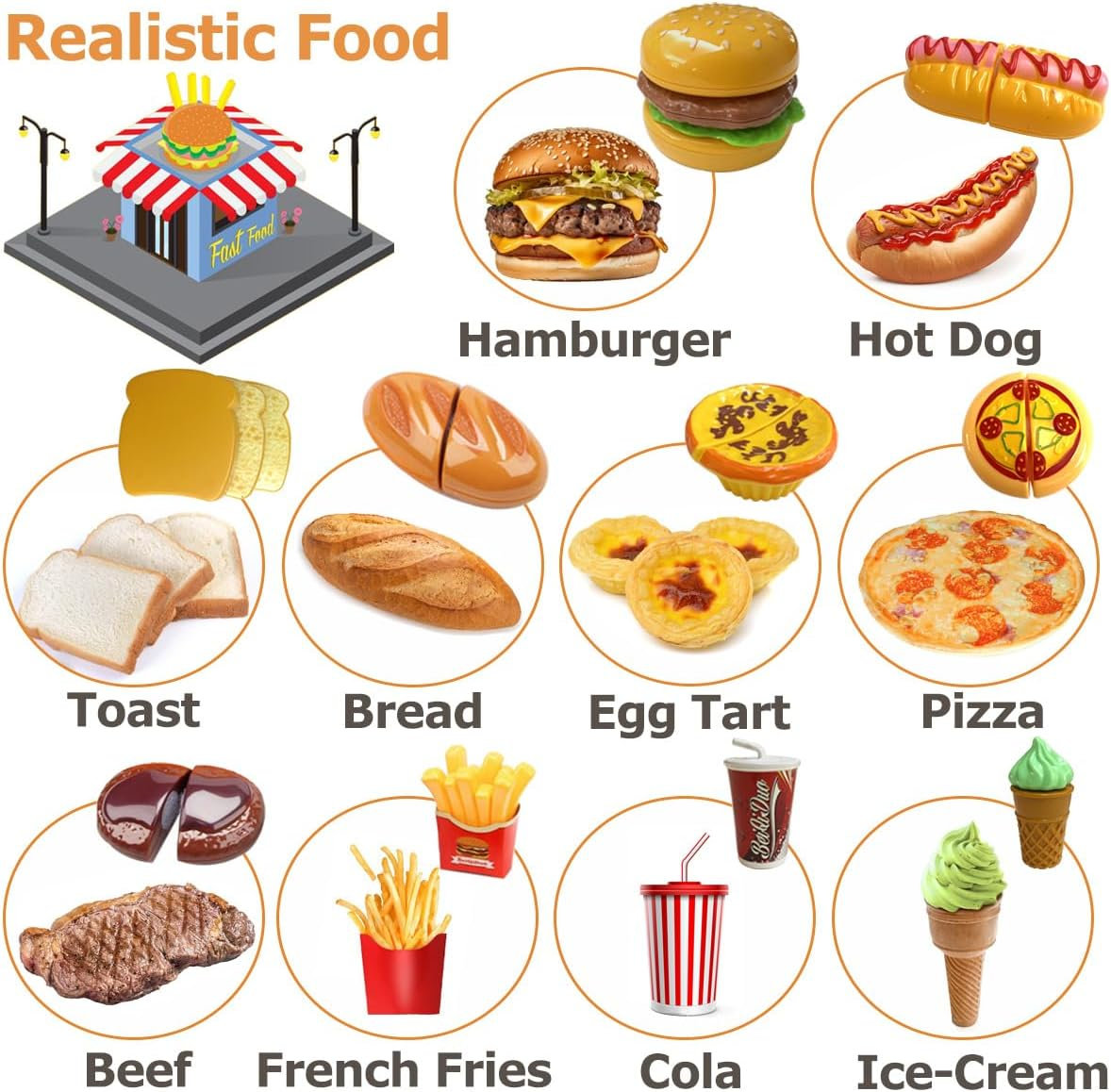 Play Food Toy Set for Kids Kitchen, Pretend Removable Fast Food Playset Cutting Toy with Hamburger ＆ French Fries Combo, Role Play Educational Kitchen Toy for Boys or Girls image number 3