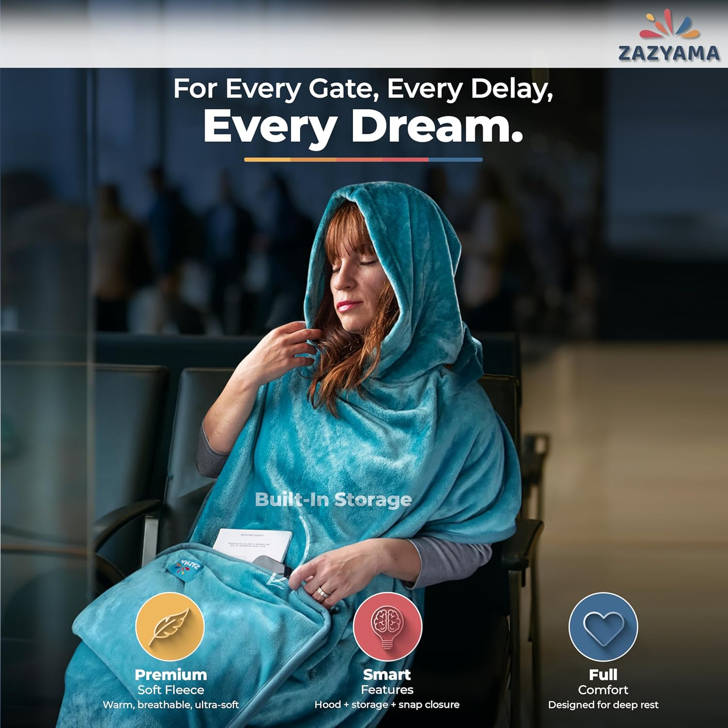 ZAZYAMA 3-In-1 Travel Blanket Airplane &ndash; Compact with Bag & Pillow Combo Set, Ultra-Soft Fleece | Packable Blanket Compact | Hidden Pocket | Trolley Sleeve | Carabiner | Travel Essentials (Aqua Teal)