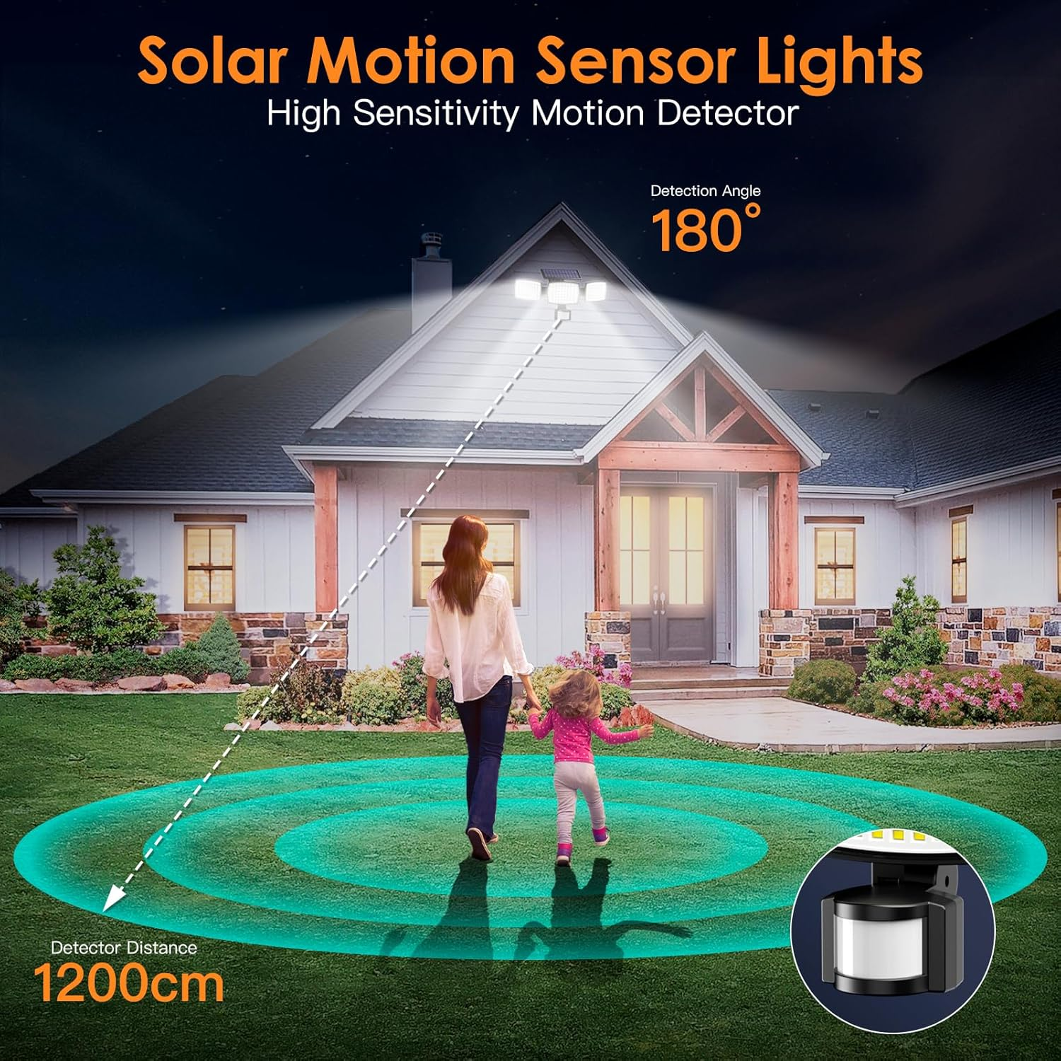 Quntis Solar Motion Sensor Lights 2 Pack,189 LED Security Flood Lights with 3 Adjustable Heads, IP65 Waterproof Outdoor Solar Fence Lights for Garden Wall Door Yard Pathway Patio image number 3
