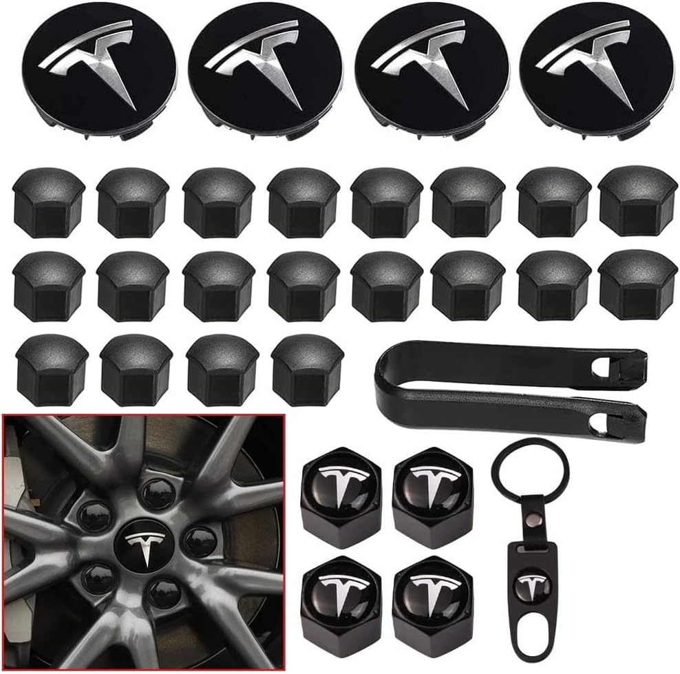 For Tesla Wheel Cap Kit, Tesla Model 3 Aero Wheel Cap Kit Wheel Lug Nut Covers Hub Center Cover Nut Cover Caps with Tyre Valve Caps for Tesla Model 3 Wheel (Black)