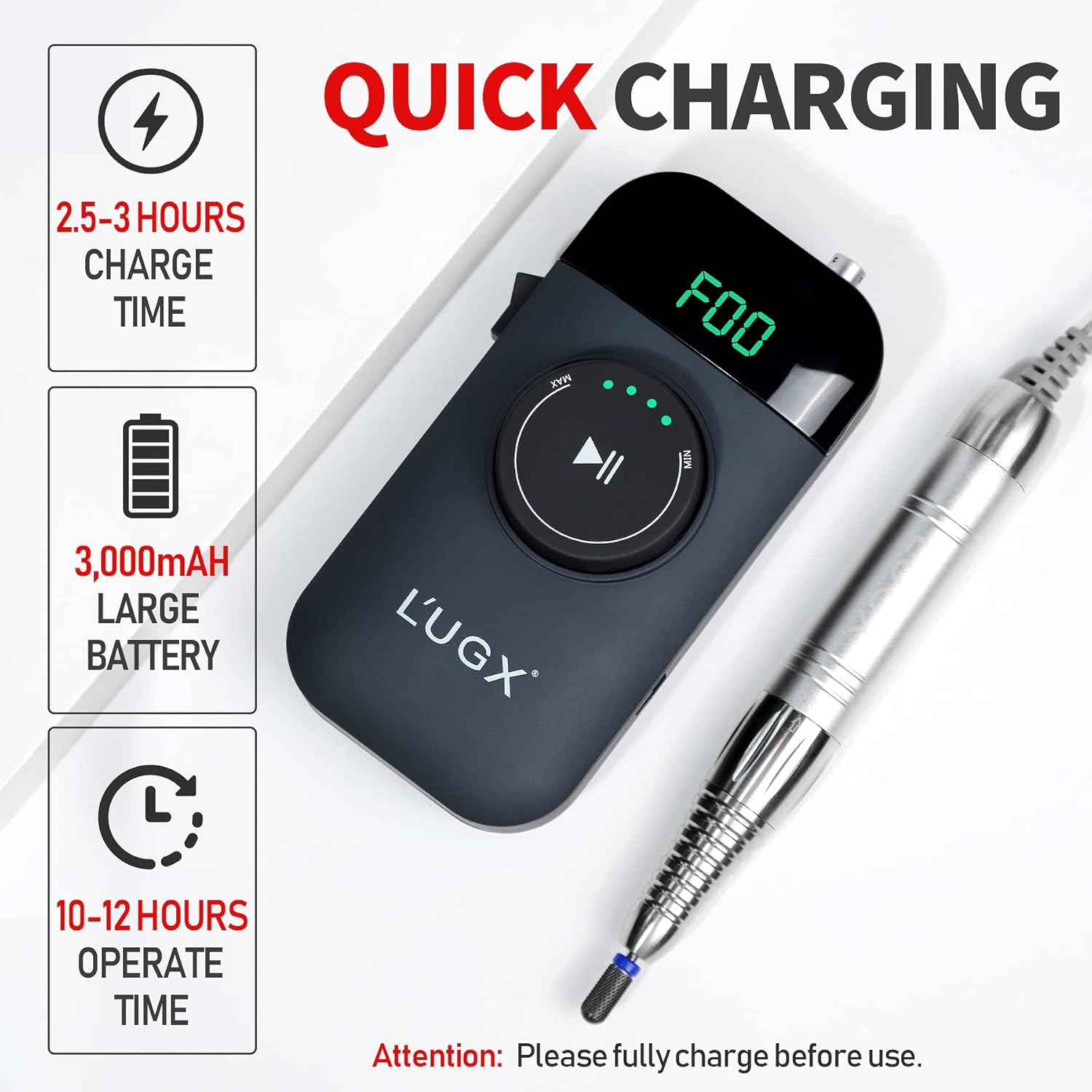 L'UGX Professional Brushless Nail Drill Machine, 35000RPM Rechargeable Cordless Nail Drill, Portable Electrical File for Acrylic, Gel, Manicure Pedicure, Perfect for Home and Salon Use image number 1