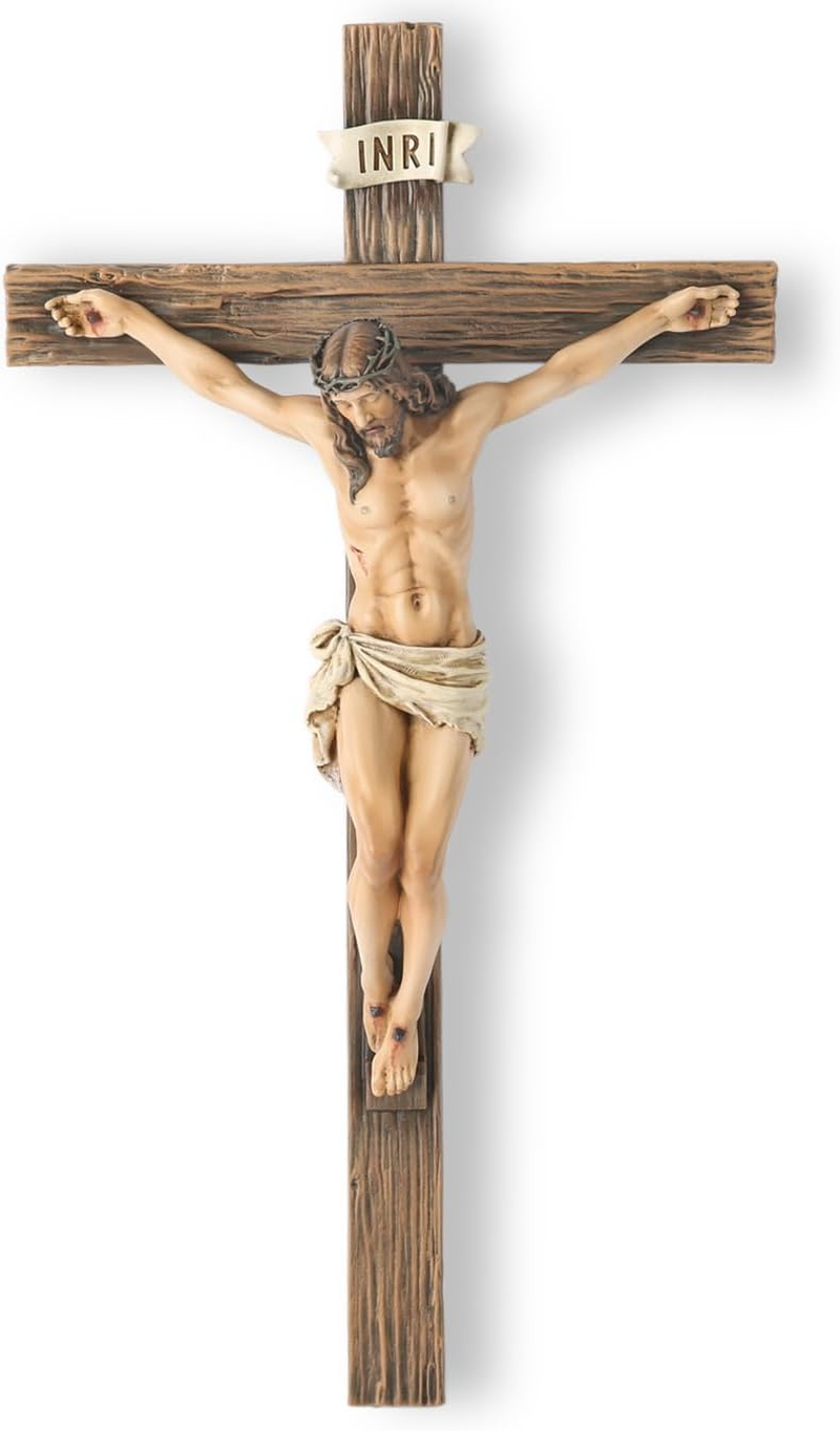 BC Catholic Crucifix Wall Cross, Jesus Christ Inspirational Home D&eacute;cor, Religious Devout Gift, 14"H, Renaissance Sculpture Handmade by Buildclassic