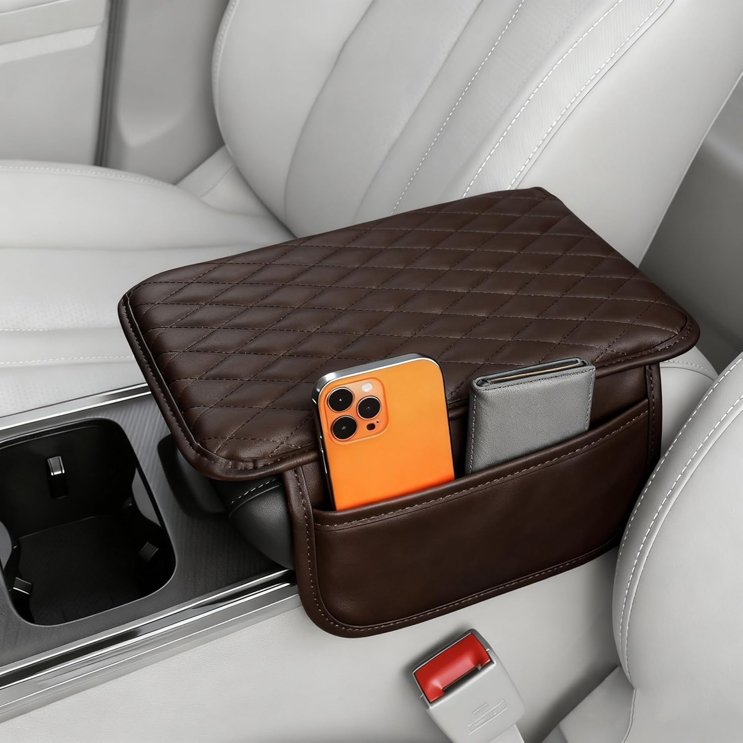 Upgraded Car Center Console Cover, Leather Armrest Cushion Pad with 2 Storage Bags, Microfiber Soft Waterproof Seat Box Cover Protector, Cars Interior Decor Accessories Fit for Most Vehicles