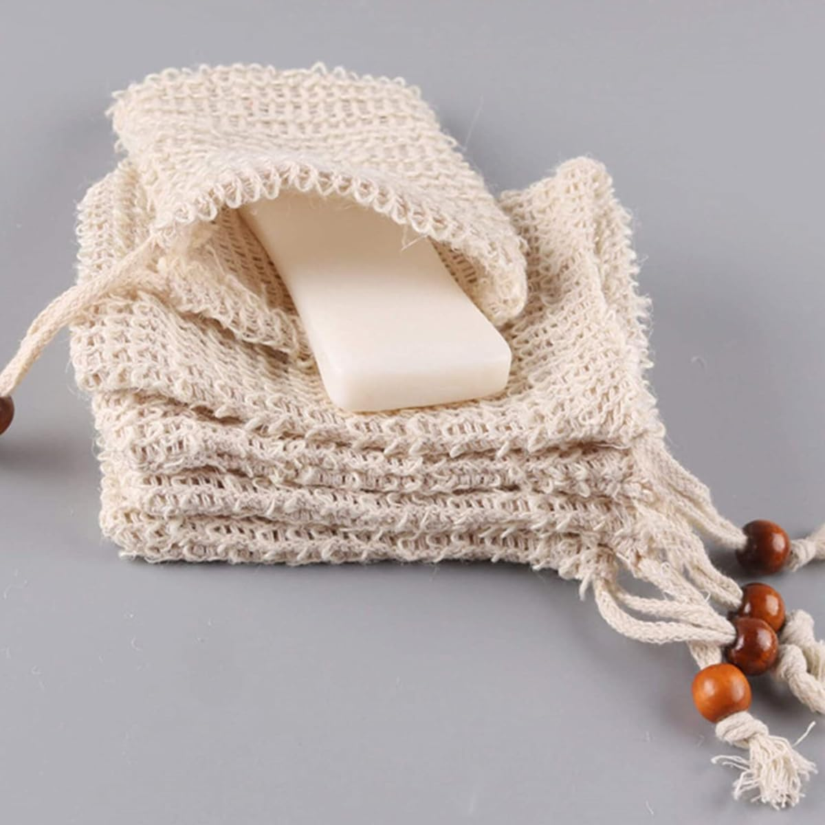 Alnicov 5 PCS Sisal Soap Bag Shower Bath Organic Exfoliating Soap Pouch with Drawstring for Foaming Bathing image number 4