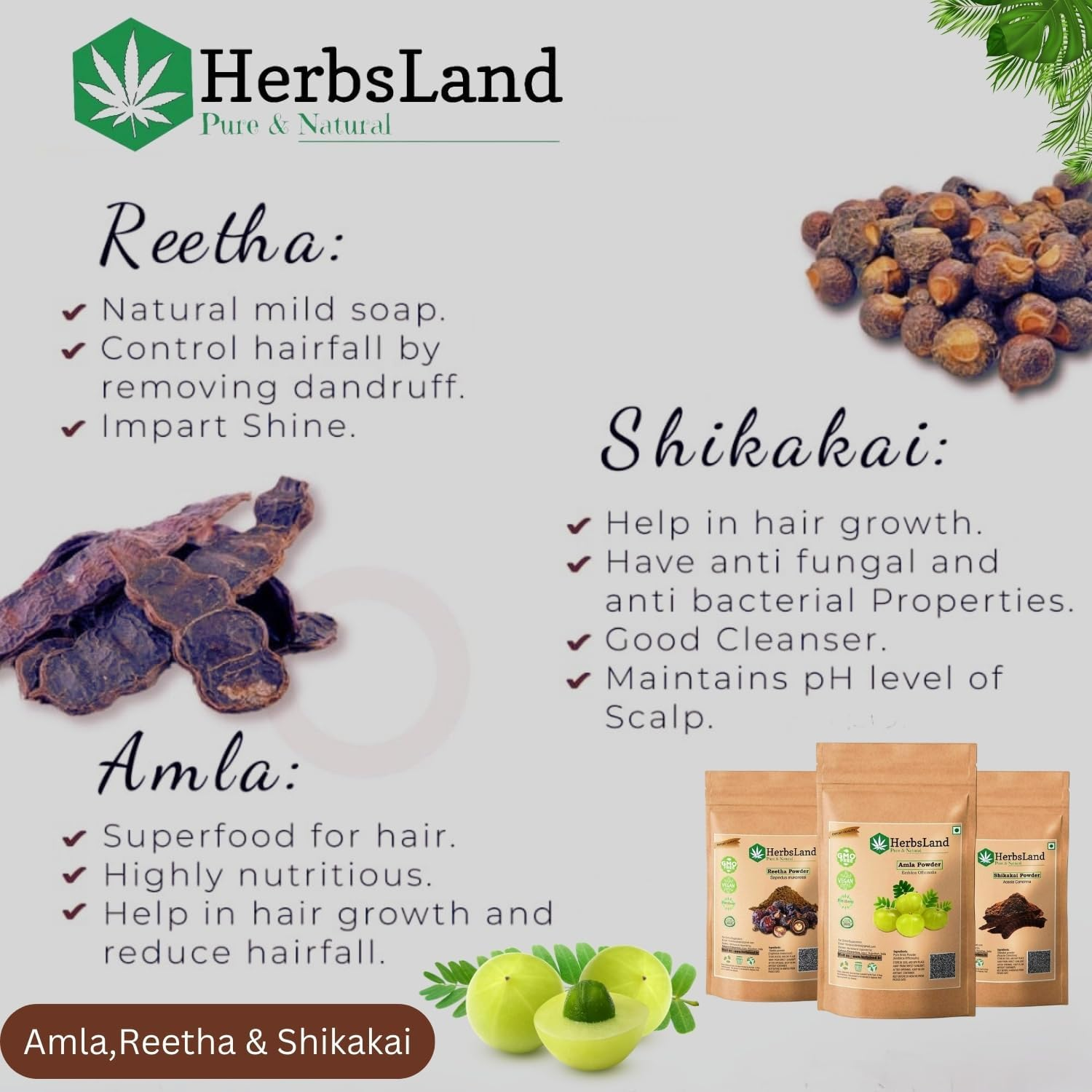 Herbsland&reg; Pure Bio Organic Amla Reetha Shikakai Powder for Face | Skin Care | Scalp with Anti-Dandruff Treatment | Hair Growth Natural Shampoo | Double Filtered for Shiny Hair (50 Gm Each) (150 Gm) image number 2