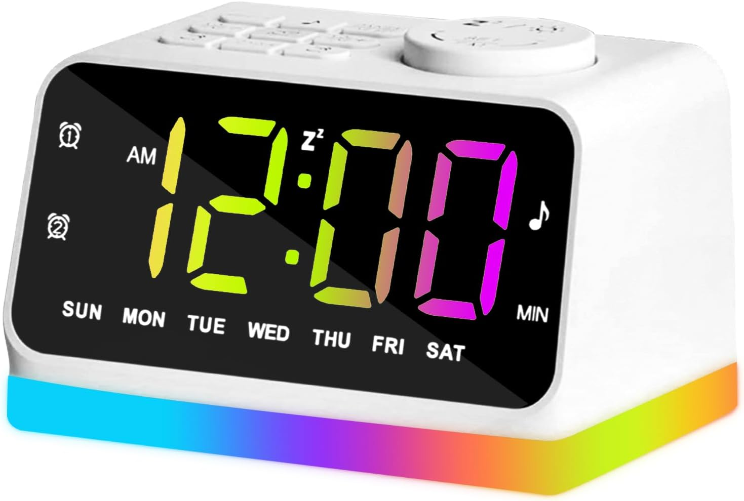 Digital Alarm Clock for Bedroom, 8 Colors Night Light with 2 Charging Port, Sleep Sound Machines with Timer, Dual Alarm, 12/24H, Loud Alarm，Fm Radio and Easy to Use for Seniors and Kids as Gift