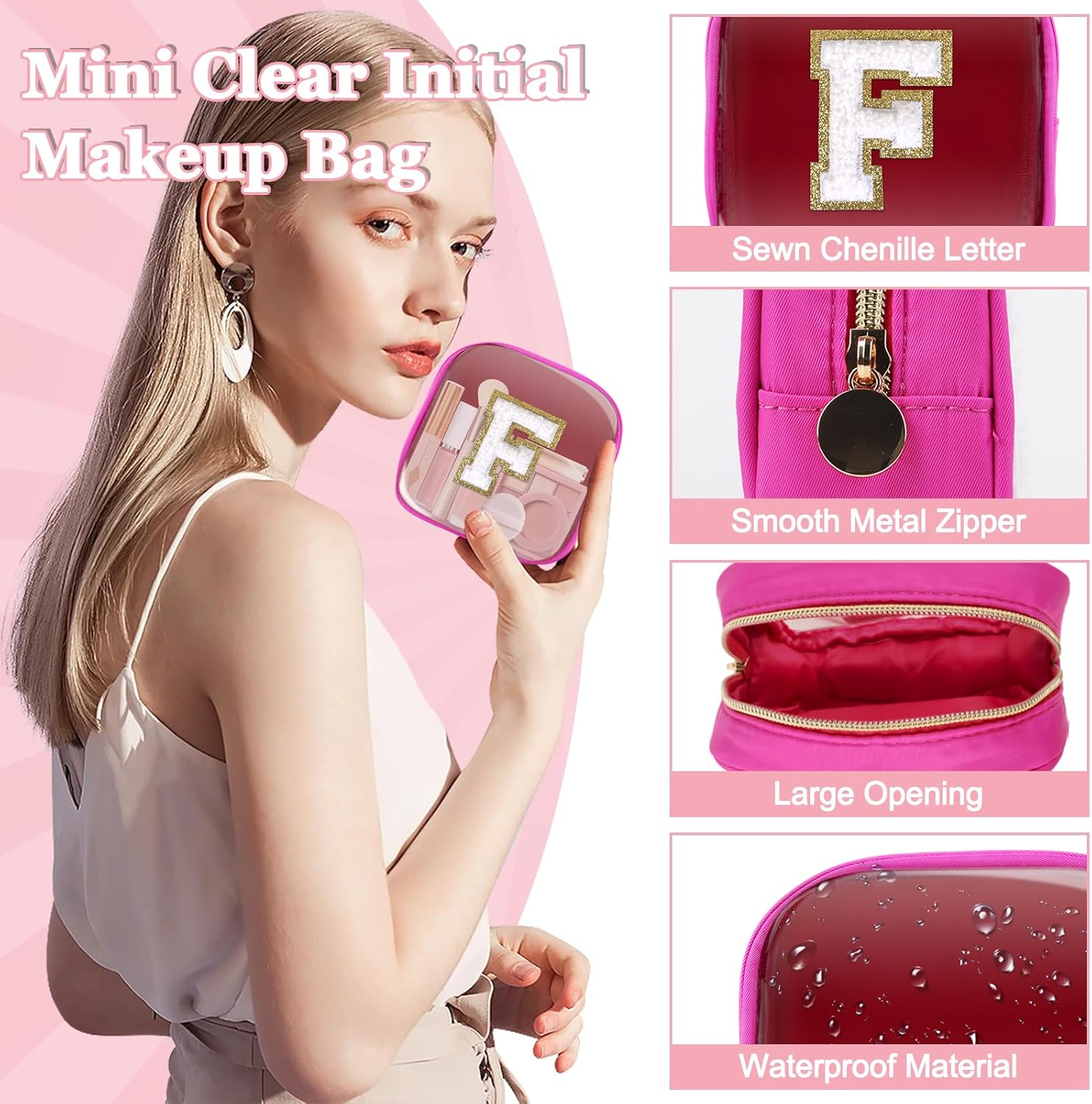 Mini Clear Personalized Initial Makeup Bag, Nylon Preppy A-Z Chenille Letter Patch Zipper Cosmetic Bag, Small Cute Pouch Travel Coin Purse Toiletry Bag, Mini-Hotpink, F