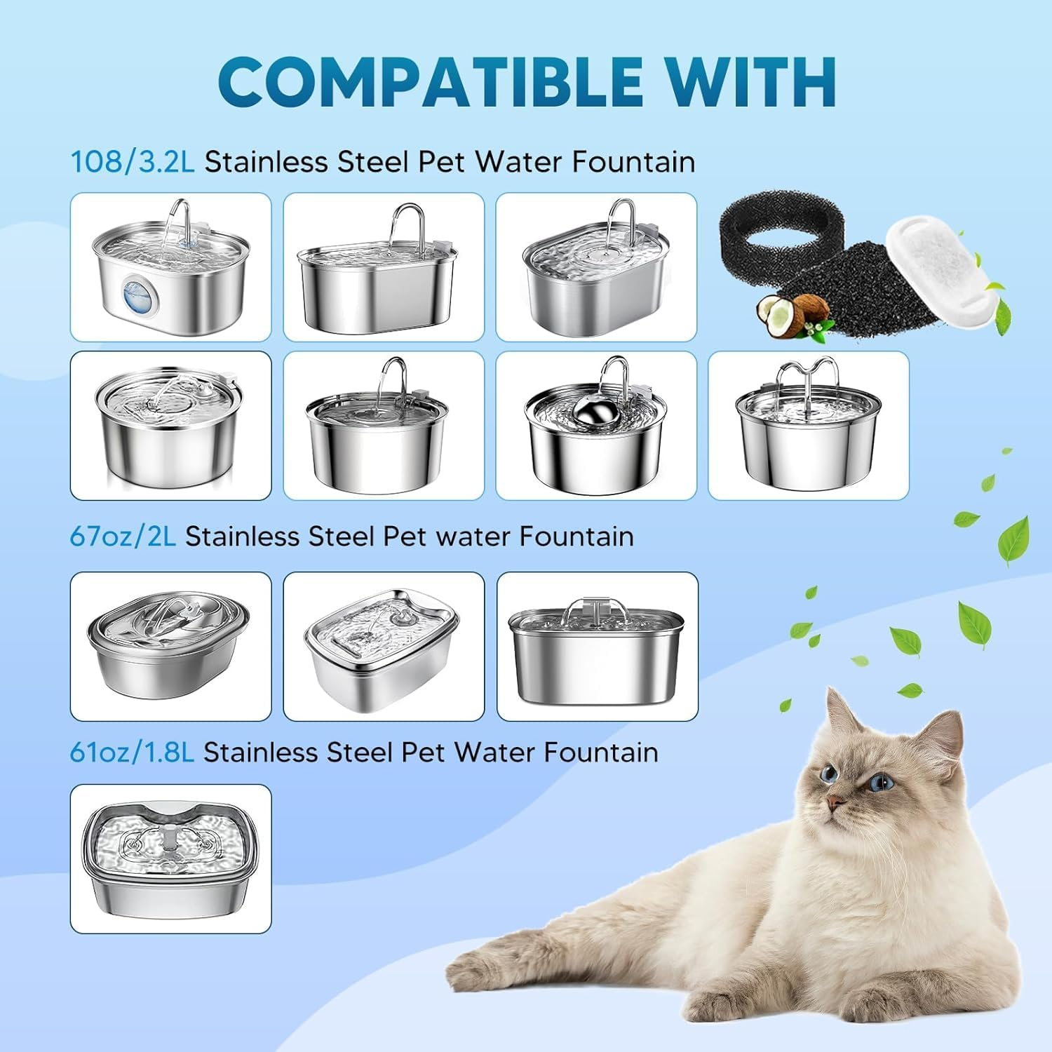 Cat Water Fountain Filters 8 Packs Filters & 8 Sponges Foam Filters for Stainless Steel 108Oz/3.2L & 67Oz/2L image number 4