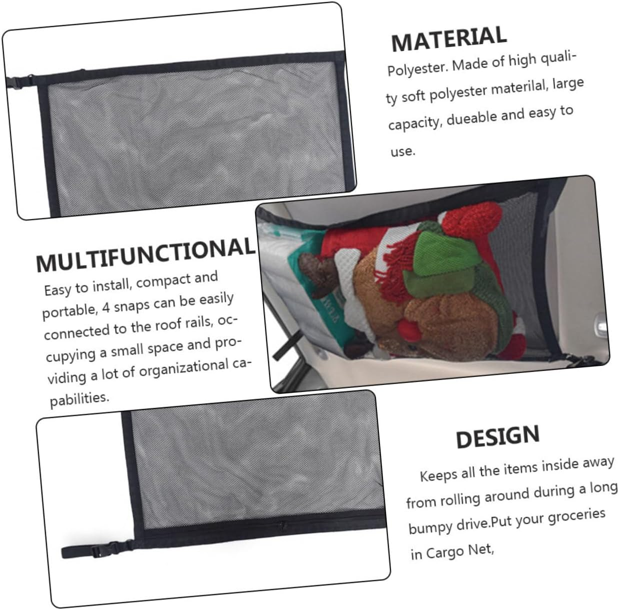 Car Ceiling Storage Net with Zipper Adjustable Breathable Polyester Mesh Roof Organizer Bag for Car Interior Auto Hanging Pouch Space-Saving Black image number 6