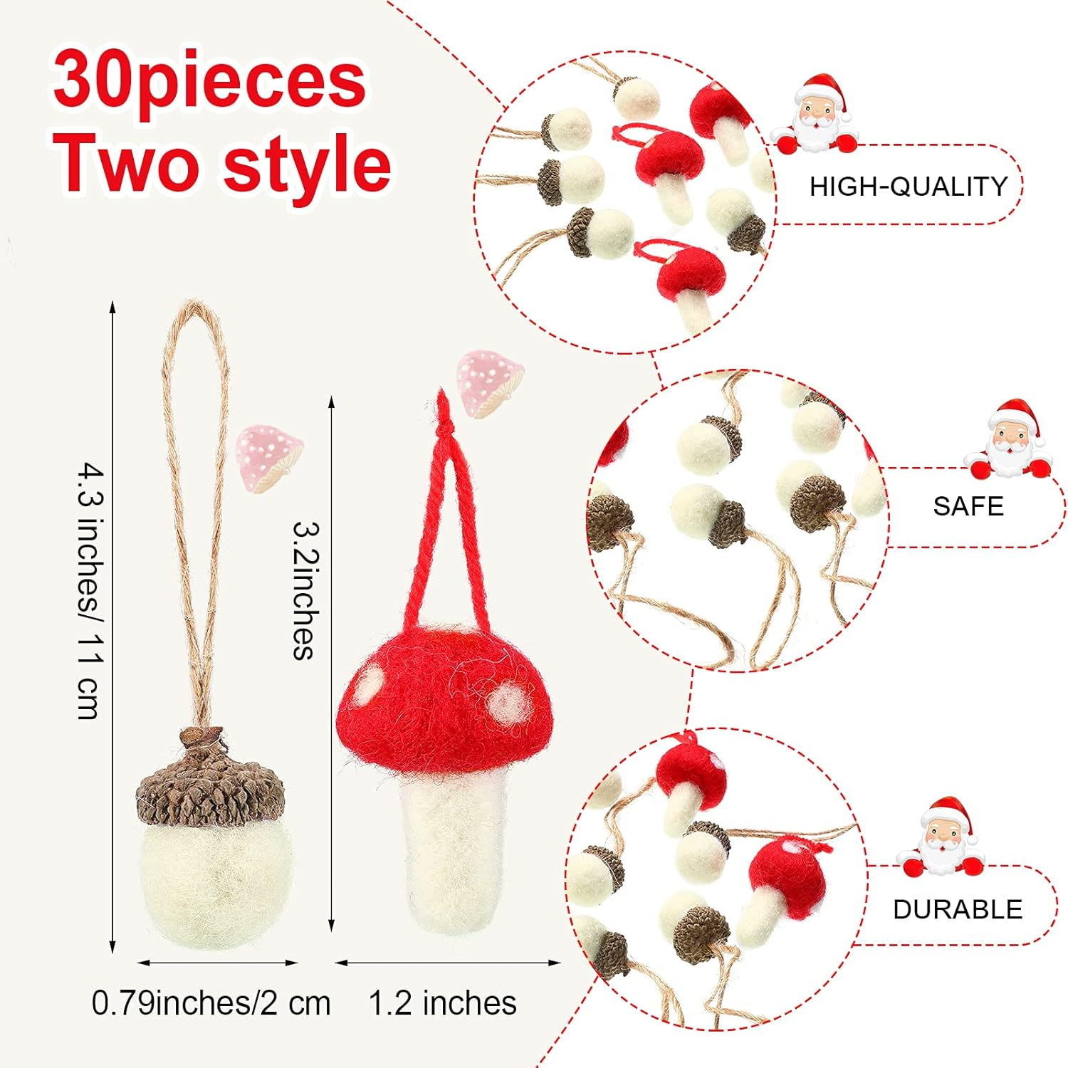 20 Pieces Christmas Felt Acorn Ornaments Wool Felt Acorns Tree Hanging Ornaments with Rope, 10 Pieces Christmas Mushroom Hanging Ornaments for Fall Thanksgiving Christmas Tree Wall Home Decor image number 6
