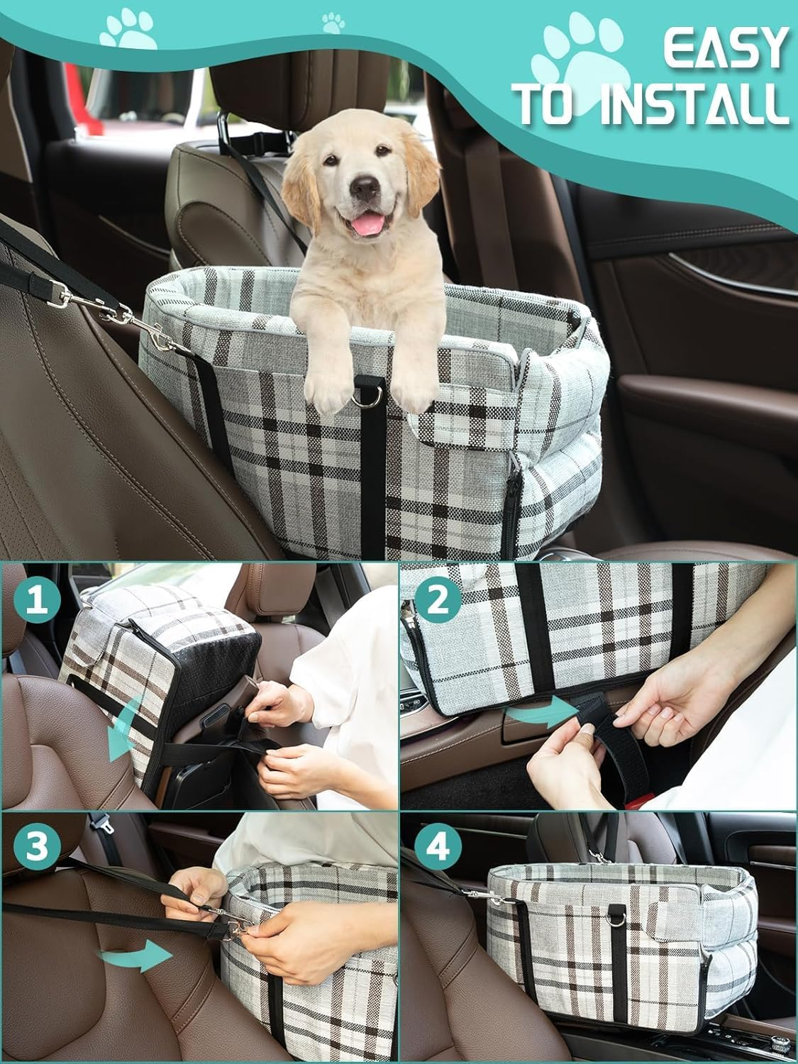 Pet Car Seat for Small Dogs and Puppies &ndash; Anti-Collapse Center Console Seat with Soft Cushion and Safety Belt, Portable Armrest Seat for Pets up to 7 Kg (Grid-Grey) image number 5